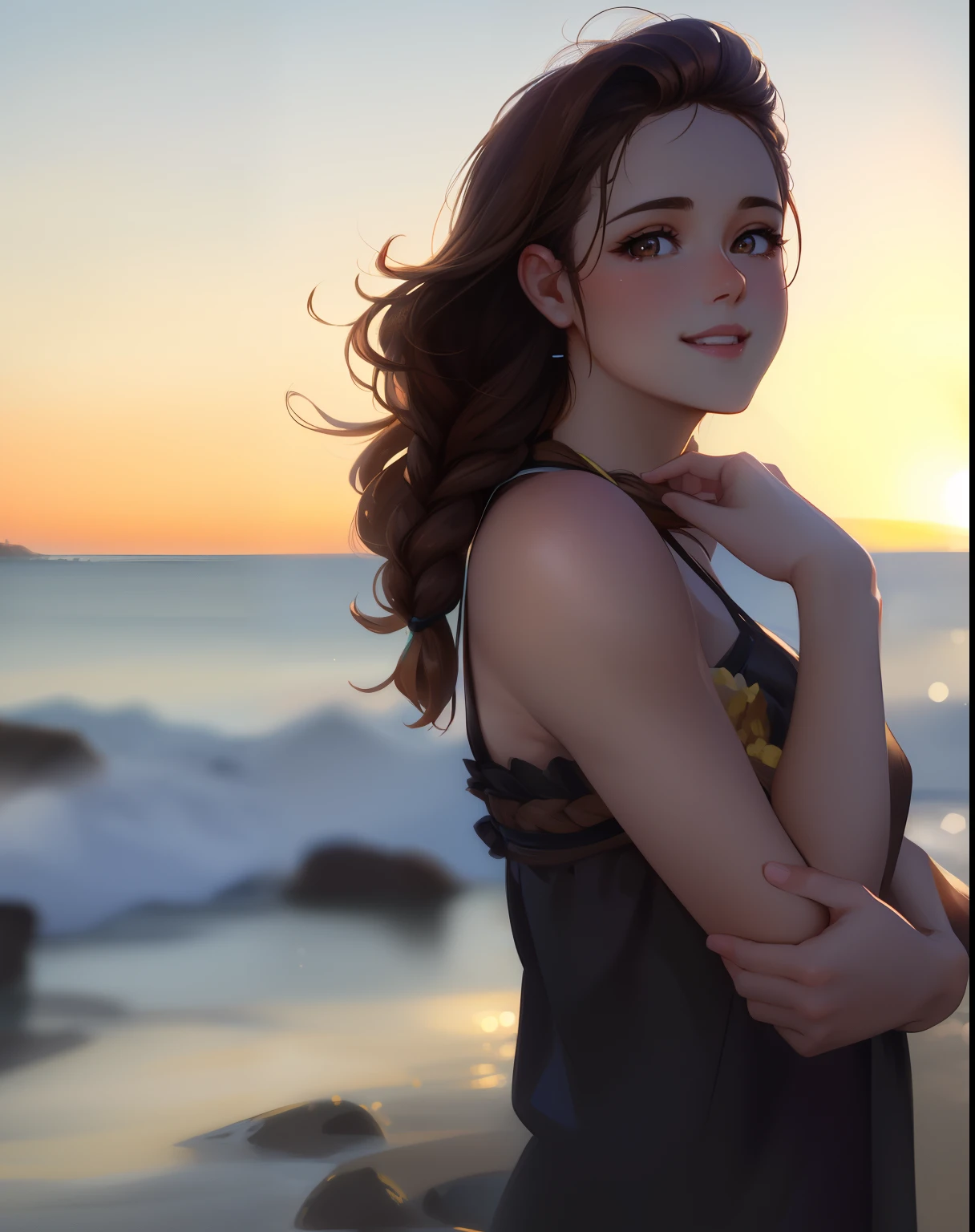 best quality, photorealistic, 8k, high res, 1girl, (professional lighting, bokeh), (long brown hair), (hazel eyes), braided hair, (portrait), gorgeous, bloom, (floating hair), smile
