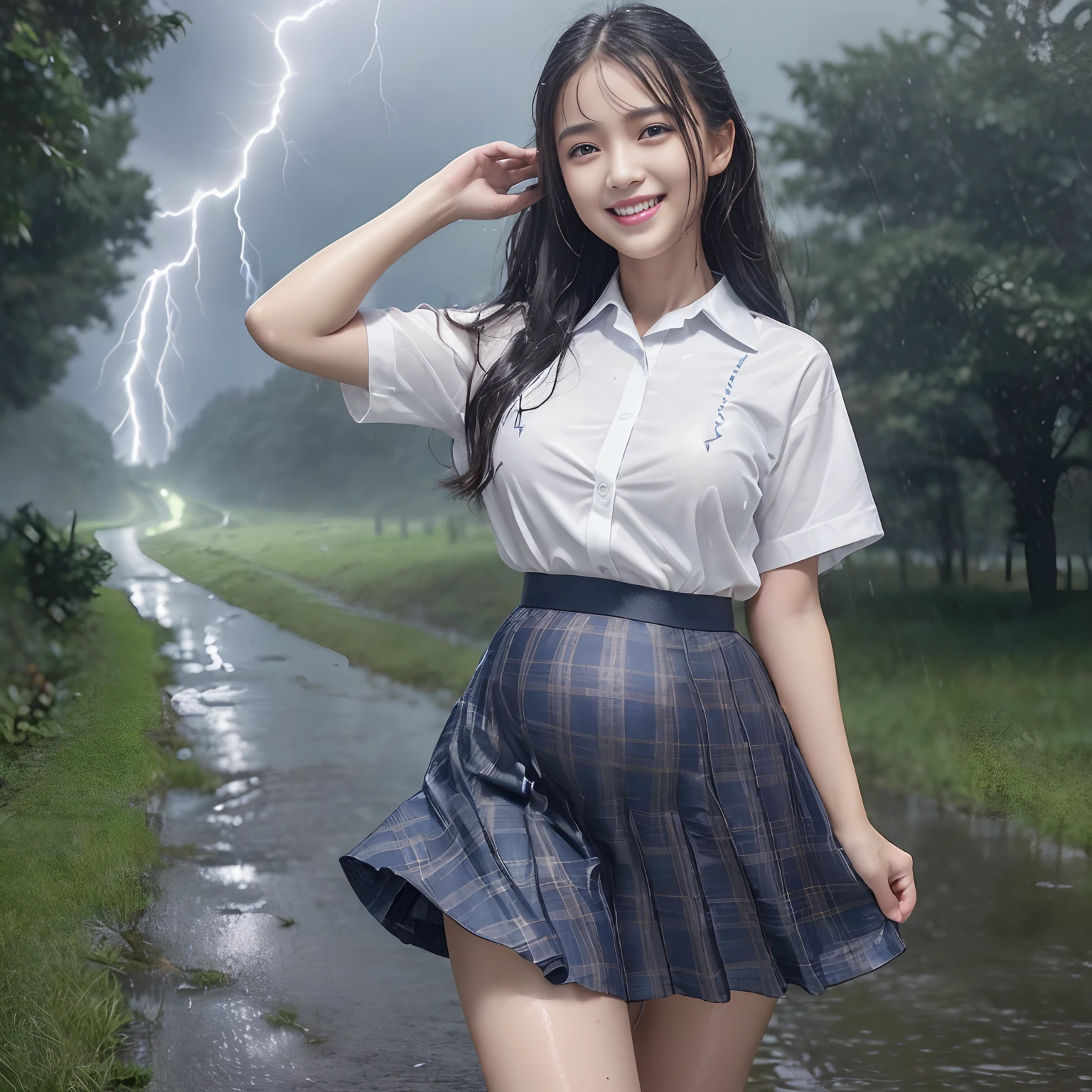 ((Best Quality, masutepiece, 超A high resolution、The most complex and detailed depictions)),((1 girl、1 schoolregnancy、Bulging belly、late pregnancy))、(((Lightning in the sky、Perfect lightning bolt in the sky、Heavy rain and heavy thunder)))、((Uniforms covered in water all over the body))、((((One giant lightning bolt、Thunder flashes in the sky、Perfect Lightning))))(((Very heavy rain、Heavy rain、Realistic Rain)))、(((Intense real rain)))、(((Very heavy rain)))、、((during daytime、perfect anatomia、Looking at the camera、Emphasize body lines、[[large full breasts]]、Biggest smile、White teeth、Beautiful teeth、Looks like a lot of fun、The background is a school route surrounded by nature、Commuting to school in rural areas、Photo from the waist up、Photo from the knee up、How to commute to school、School route、Nature on a complex background、Commuting to school in rural areas、Walking on a narrow path、Walking along the path))、(((Unbelievably soaked)))、((perfect bodies、perfect hand、perfect leg))、((The most realistic rain and water droplets))、((Ōlan))、((The whole body is drenched))、((Wet white uniform shirt))、(((Real rain)))、The perfect texture of a wet shirt、(((Very intense realistic rain)))、The perfect texture for wet hair、((Drenched hair))、Wet hair sticks to the face、((very wet hair))、((wet and disheveled hair))、((Uniforms soaked all over))、The skin is faintly visible from the top of the clothes、Wet and see-through skin、((Perfect texture down to the smallest detail of wet clothes))、Countless water droplets adhere to the body、((Underwear that can be seen through the top of clothes))、((Perfectly expresses the texture of soaked hair))、Wet and shiny hair、((Wear a navy plaid wet skirt、Plaid wet skirt))、it is raining heavily、((Very complex and realistic lightning))