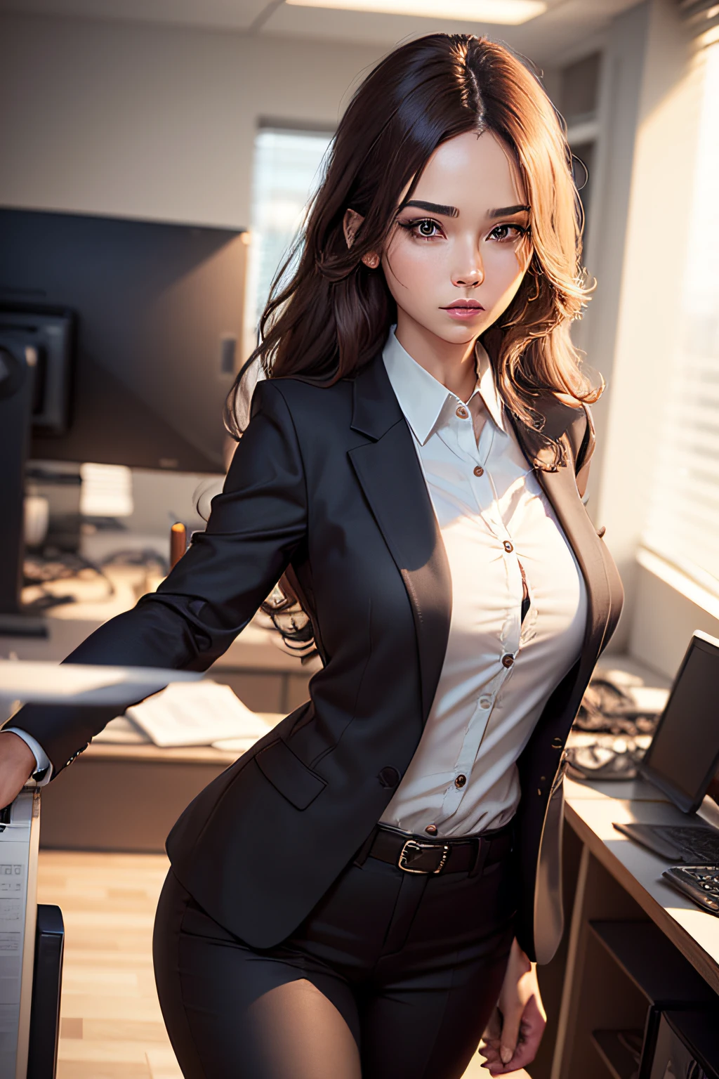 Female employees working in the office hair is long and brown The background is office Calm pantsuit, nffsw, retinas, masutepiece, ccurate, Anatomically correct, Textured skin, Super Detail, high details, High quality, Best Quality, hight resolution
