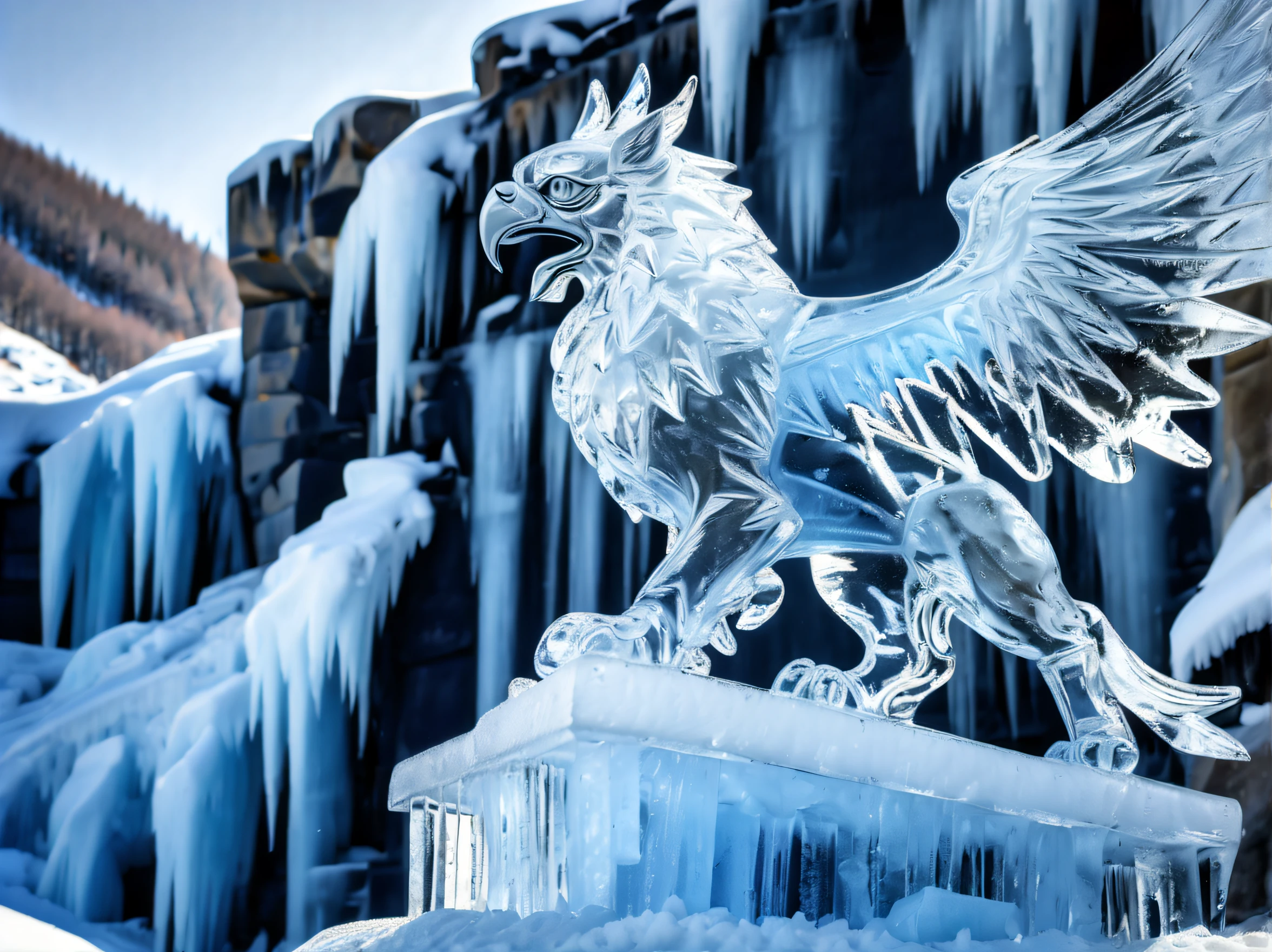 (((gryphon of ice sculpture art:1.4))), natural lighting, on the cliff in winter, intricate insane details, photo realism, (((radiosity rendered in stunning 32k resolution:1.3))), (((highest quality:1.3))), tonal contrast, highly quality,