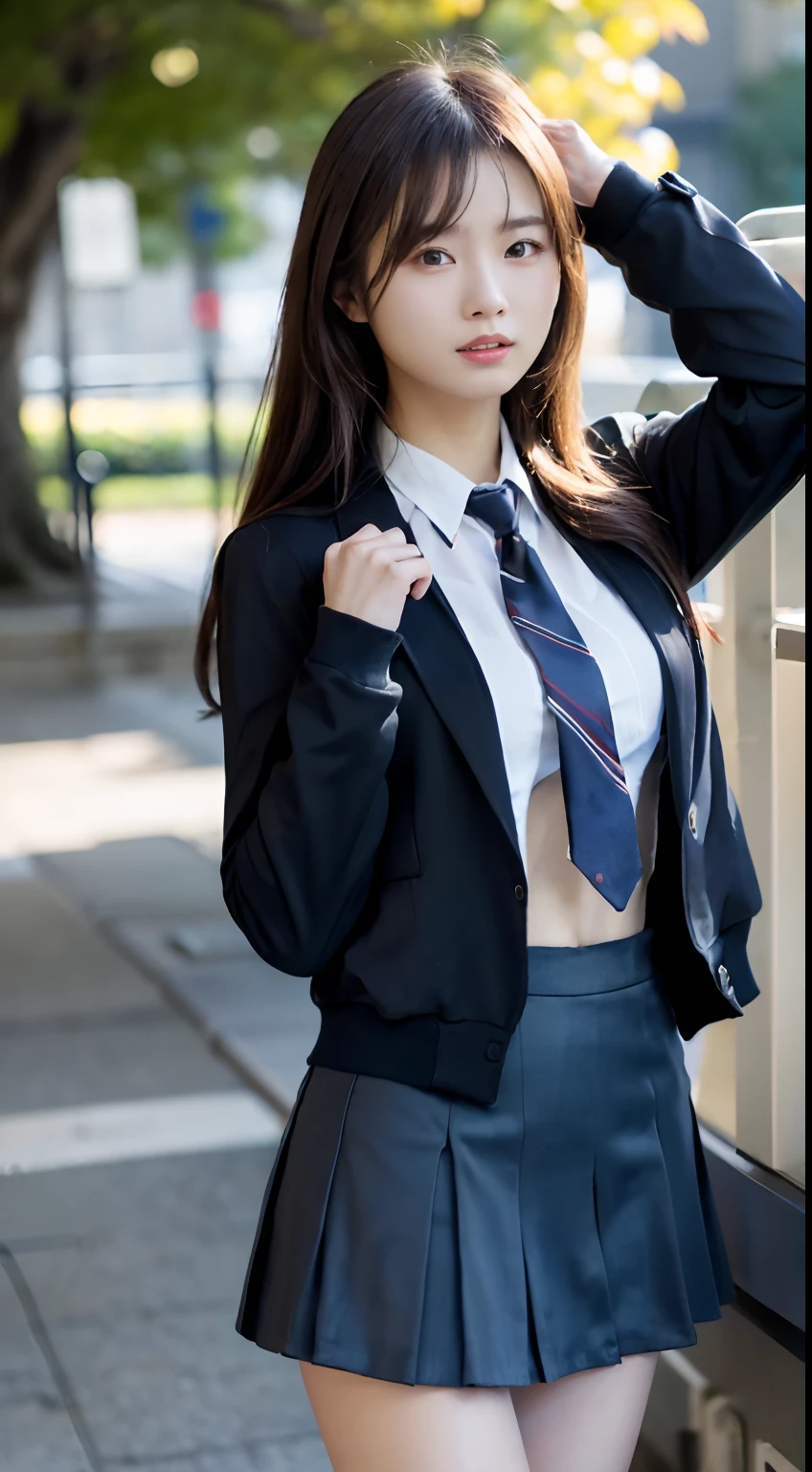 (16 K, Raw photography, Top image quality, masterpiece: 1.45), (realisitic, Photorealsitic: 1.37), one girls, cute little, A city scape,, profetional lighting, photon maping, school classrooms, physically-based renderingt, dark brown hair,pony tail hairstyle, Well-groomed and beautiful eyes、((二重まぶた))、Transcendent Cute Girl, (((student clothes、blazers、Long sleeve shirt worn by Japan high school girl、Ribbon Ties、Dark blue mini skirt,、Dark blue socks、Black loafers))), Top Quality Photos, hight resolution, 1080p, (clearface), (Detailed face description), (Detailed hand description), (masterpiece), (Exquisite CG)、extreme light and shadows、dishevled hair、master work、abundant detail、(Fine facial features)、(top quality photo)、(masuter piece)、(A detailed eye)、Look in front of you、Fine clavicle、((Slender big))、(((Japan schoolgirls wear jackets and long-sleeved shirts)))、((Neat and clean idol))、((School Gate、school ground、School building in the background))、(Shooting from random perspectives)、(((Anyway cute)))、耳Nipple Ring、A big smile、Drawing the whole body from the knees、Do not draw nasolabial folds、(((Sports bags used by Japan schoolgirls)))、(Big breasts that hang down big:1.2)、Big buttocks with tension、Two arms and two legs、(((from the front side:0.3)))、bare hand、(((Left and right symmetrical eyes)))、Standing Pose、There are chairs、Put your hands on your desk、Do not take the tie out of the jacket、Raise your buttocks:1.5