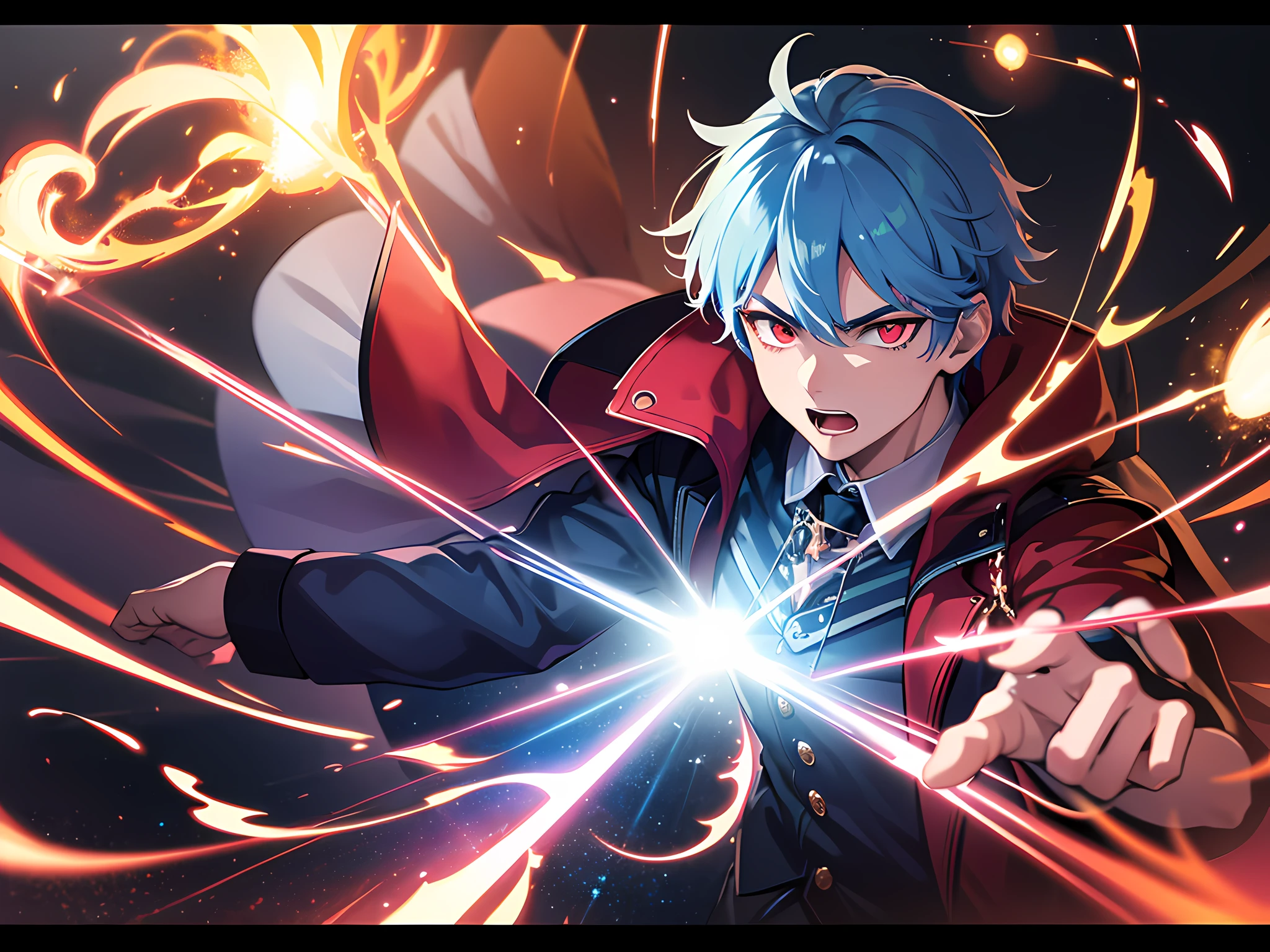 (ultra-detailed, perfect pixel, highres, best quality, beautiful eyes finely detailed), 19 years old boy, have power like demon god in manhwa, full of demonic aura, angry facial expression, red eye color (glowing red eyes), blue hair with aristocrat style outfit, elegant, detective, realistic fire, the background is full of magical particles and realistic blue fire. lens flare, glowing light, reflection light, motion blur, 8k, super detail, ccurate, best quality, Ray tracing.