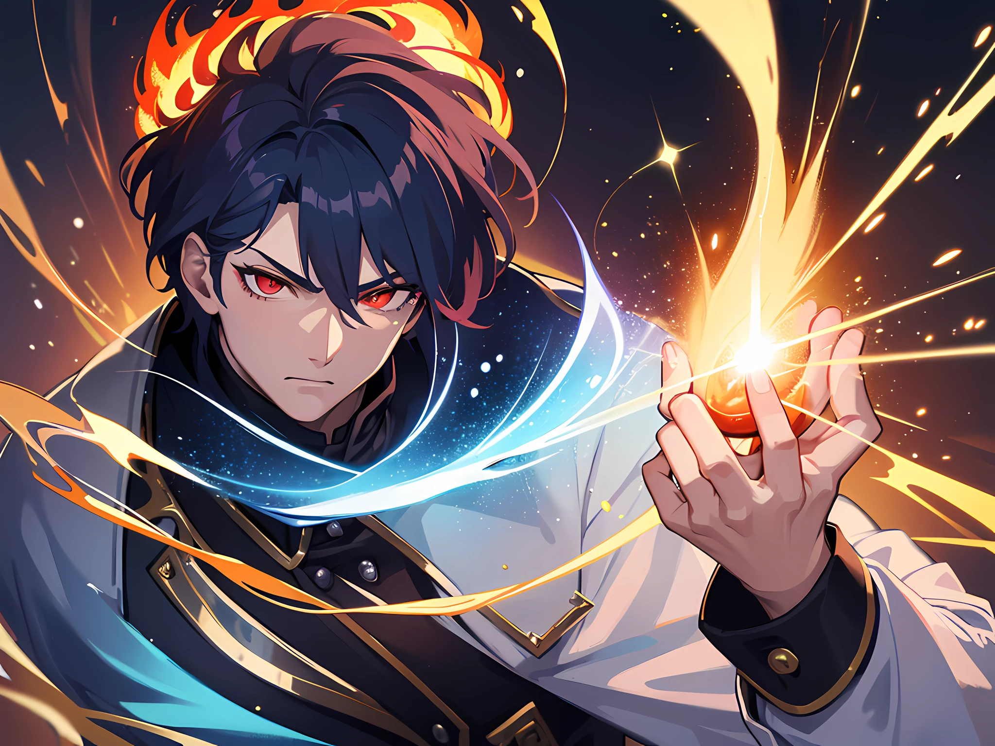 (ultra-detailed, perfect pixel, highres, best quality, beautiful eyes finely detailed), 19 years old boy, have power like demon god in manhwa, full of demonic aura, angry facial expression, red eye color (glowing red eyes), blue hair with aristocrat style outfit, elegant, detective, realistic fire, the background is full of magical particles and realistic blue fire. lens flare, glowing light, reflection light, motion blur, 8k, super detail, ccurate, best quality, Ray tracing.