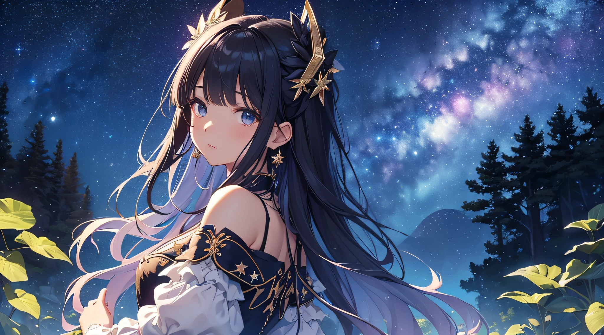 masterpiece、((a beauty girl、One-piece high-detail embroidery、From face to chest))、Background with((Fantastic starry sky、meteors、black hole))、Depth((Mysterious giant tree、Luminescent、plants))、