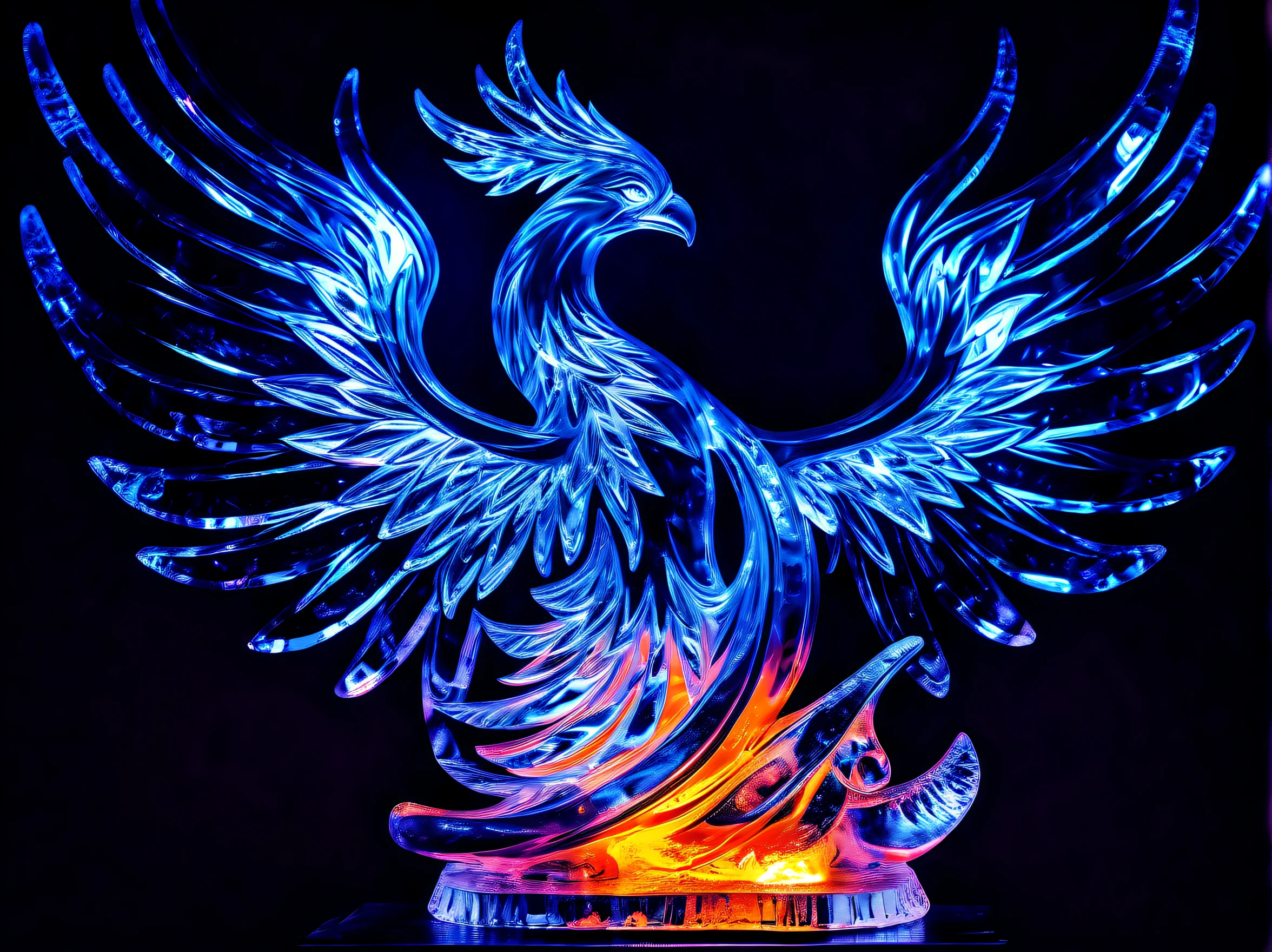 (((dark chaos phoenix of ice sculpture art:1.4))), neon dim glow of behind, on a flame sculpture stand made of ice, (((radiosity rendered in stunning 32k resolution:1.3))), highest quality, highly quality,