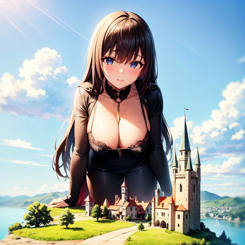 10k, fantasy, (giantess:1.2), hills, height_difference a giantess looking down at a kingdom, giantess with a small village in front of her breasts, castle, fortress giantess, adventurer, eyes looking down, huge breasts a tiny village from above, rivers, hills, medieval, extremely detailed eyes, a giantess with a small castle in front of her breasts
