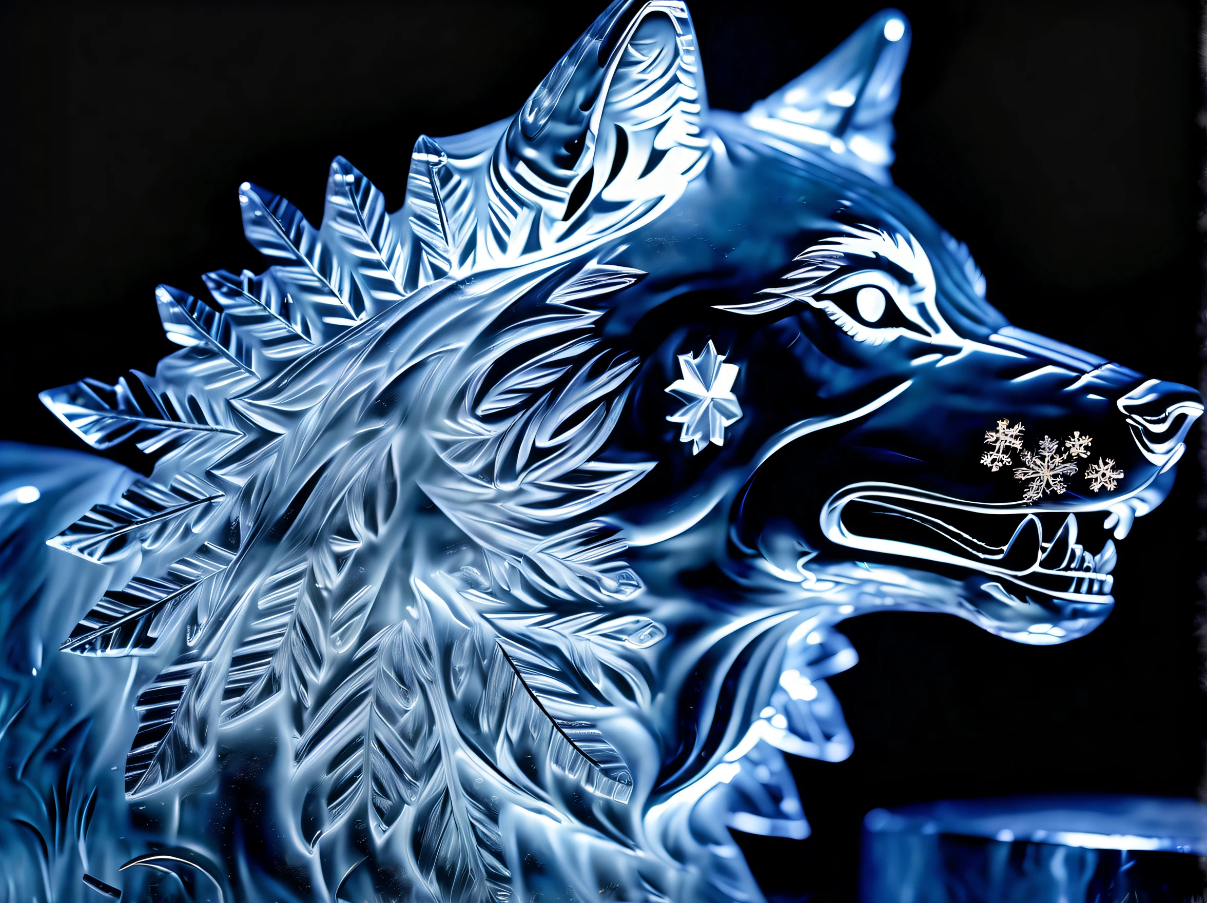 (((Ice sculpture of sculptor carving  wolf:1.3))), dark landscape, (((snowflake:1.3))), (((hyper real:1.1))), stunning extremely detail, exquisite very detail, (((transparent:1.3))), captured in stunning detail through, intricate detail, beautiful detail glow, glow up, (((radiosity rendered in stunning 32k resolution beauty:1.3))),