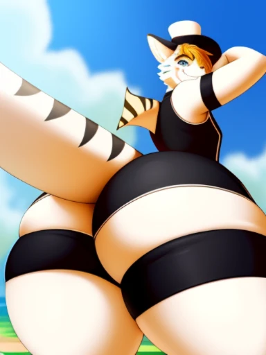 Tiger shark , whereing a conductor hat, shark , anthro, femboy, two of them, huge butt,  shorts, ,bulge, gym shorts, skin, perspective, curved thighs, huge thighs, curving, rear view, looking at the viewer over the shoulder with embarrassed smile, big tail,shark tail, short, white fur, left eye =...