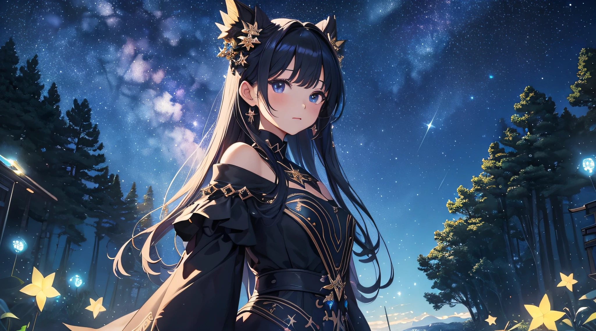 masterpiece、Highest Resolution、Highest quality、Highest quality、high quality anime、sharp、sharp効果、sharp塗り、sharp化、solo。Adult woman with horse ears。Blue Dress、Blue shoulderless dress。brown shorts、Brown pantyhose。Large light blue cloak。Moonlit night starry sky background、breeze、Chest centered。Dark lipstick、Grinning face、Beautiful breasts、Touch your head with your hand。Brown Eyes。Brown Hair、Long Hair、Half Twin、Half Up。hair ornaments。