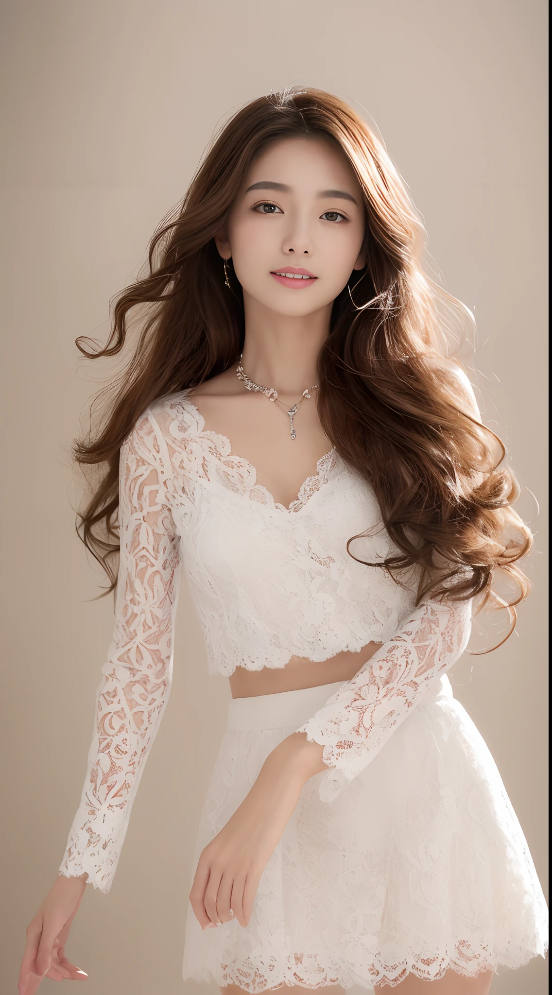 ((top-quality、8K　、​masterpiece:1.3))、realskin、Marble background、FULL BODYSHOT、女の子1人、Beautiful woman with slender abs:1.3、(light brown hair、long curly hair、tiny chest:1.2)、gently smiling、big eye、Long sleeve white lace shirt:1.1、a necklace、A bracelet、耳Nipple Ring、hyperdetailed face、A detailed eye、Double eyelid hands on face、Japan beauties、White lace skirt、beautiful and long legs、high-heels、Pose for Random Models