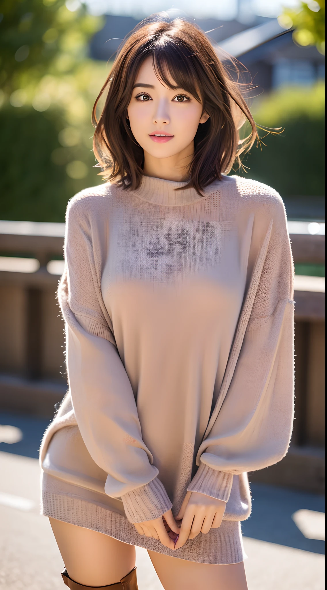 highest quality, 8k, 32k, masterpiece, Ultra-high resolution: 1.3), Attractive Japanese women photos, One Girl, (whole body : 1.0), Abdominal muscles, Perfect body, (Oversized tunic sweater : 1.1), (boots:1.1), Highly detailed face, Detailed lips, Fine Eyes, double eyelid,short hair,Disheveled Hair,