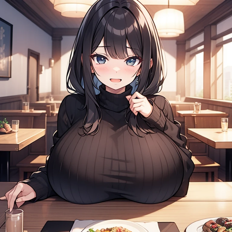 A beauty with long black hair，wearing a black sweater，Sit at a table in an upscale café（Sneer 1.5）（Open mouth 1.5）（The background is in an upscale café：1.5），Anime style 4K，Anime rendering，style of anime，8K fineness，（Upper body display：1.5）（Cinematic lighting：1.5）Middle-aged woman 1.5, (large breasts: 1.6)