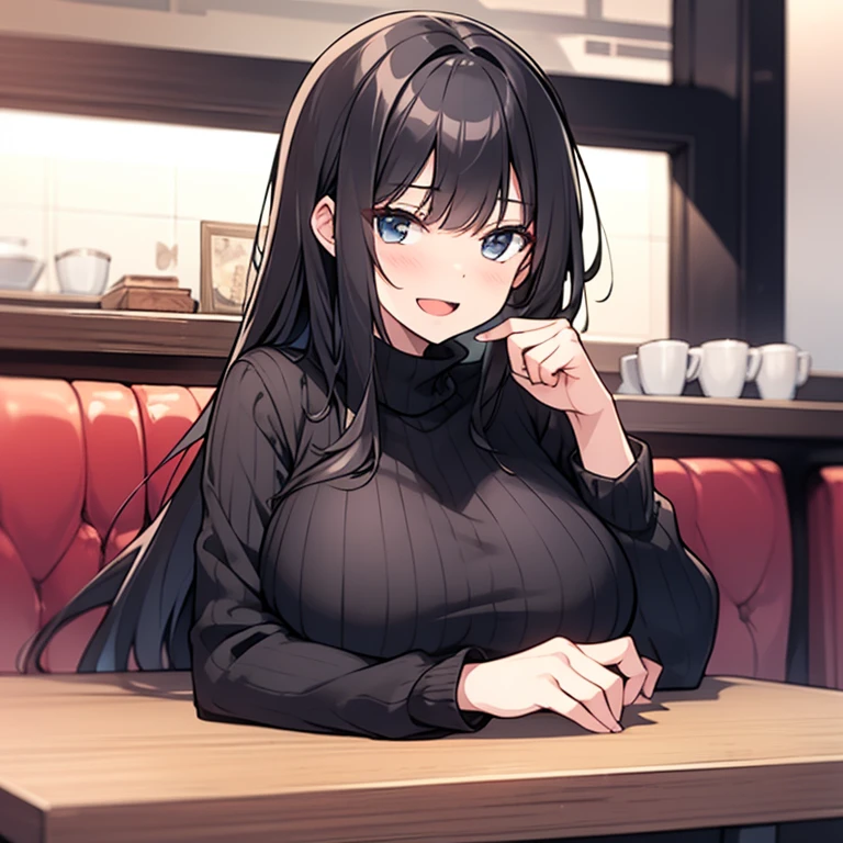 A beauty with long black hair,wearing a black sweater,Sit at a table in an upscale café(Sneer 1.5)(Open mouth 1.5)(The background is in an upscale café:1.5),Anime style 4K,Anime rendering,style of anime,8K fineness,(Upper body display:1.5)(Cinematic lighting:1.5)Middle-aged woman 1.5, (large breasts: 1.6)