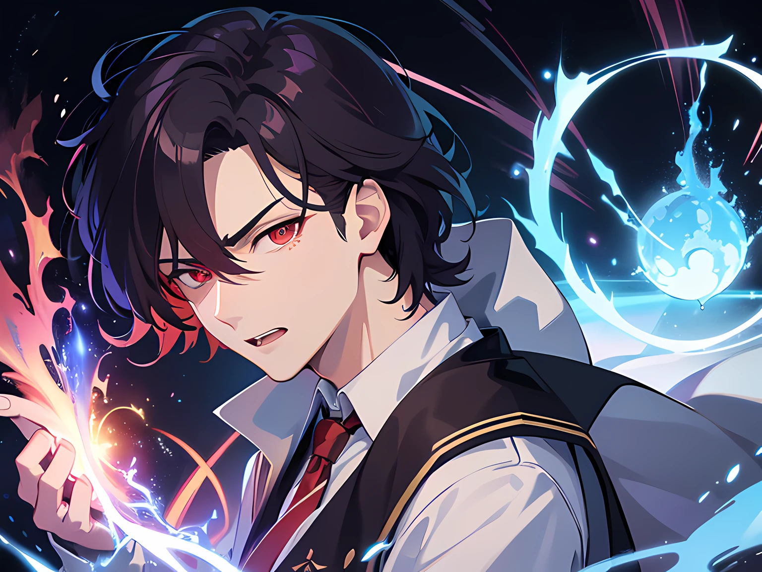 (ultra-detailed, perfect pixel, highres, best quality, beautiful eyes finely detailed), 19 years old boy, have power like demon god in manhwa, full of demonic aura, angry facial expression, red eye color (glowing red eyes), blue hair with aristocrat style outfit, elegant, detective, realistic fire, the background is full of magical particles and realistic blue fire. lens flare, glowing light, reflection light, motion blur, 8k, super detail, ccurate, best quality, Ray tracing.