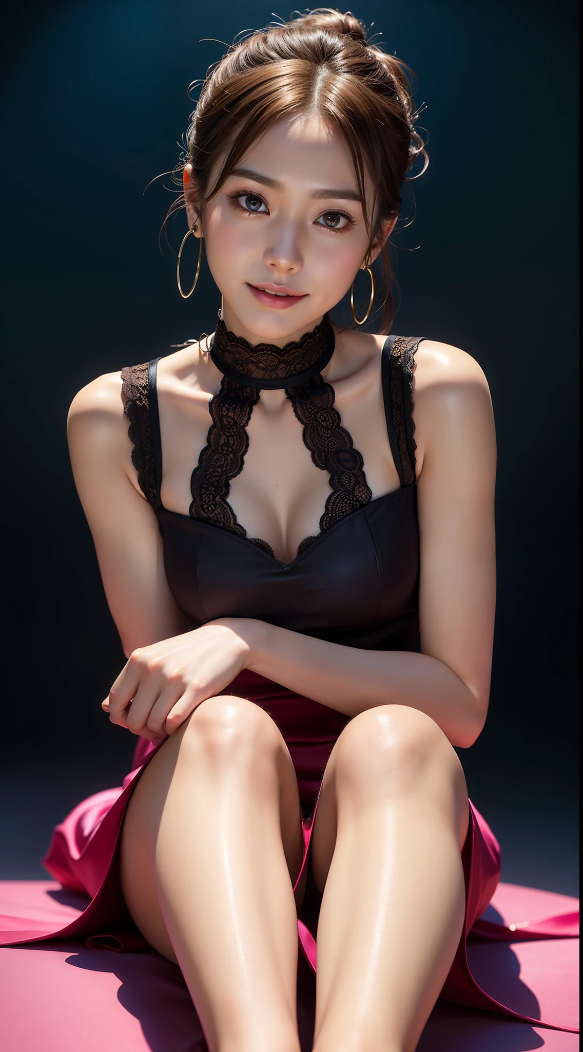 8K, masutepiece, Raw photo, Best Quality, Photorealistic, Highly detailed CG Unity 8k wallpaper, depth of fields, Cinematic Light, Lens Flare, Ray tracing, (Extremely beautiful face, Beautiful lips, Beautiful eyes), intricate detail face, ((Ultra detailed skin)) 1girl in, In the Dark, deepshadow, Pretty Korean girl, Kpop Idol, 1 girl, (Very slim and slender fit muscular body:1.3), ((Looking at Viewer)),(Big smile:1.3), (Hot Pink Color Blouse), (Sleeveless) , (Fashion City Night, a dark night, (Neon sign), (Blurred background), Fashion Street Night),(No people in the background:1.3), Beautiful earrings, Bracelets, Necklace, pantyhose, Clear eyes, Walking, (pale skin),(Clean hands),(Shoes wear high heels), (Big eyes), Face forward, ((upperbody shot)), ((silk color dresses:1.3)),(Brown hairs),((tight fit lace dress)), (laced dress), (see through), (Looking at Viewer:1.3) opened breast, Very slim, medium breasts, backtrack,((Back shot)), see through, Medium Butt,The color of the panties is white,