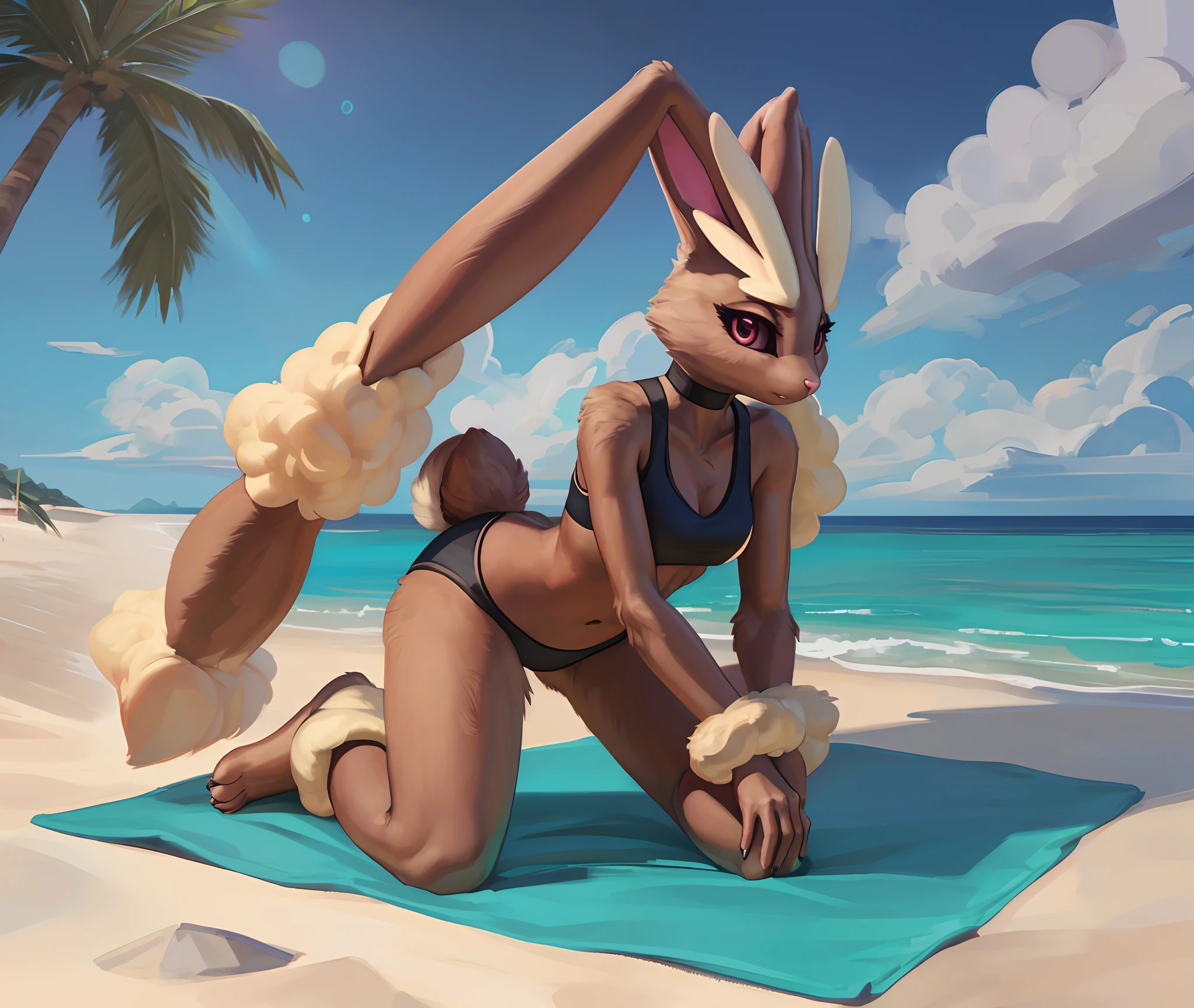 [pokemon; lopunny], [Uploaded to e621.net; (Foxovh), (Pixelsketcher), (mayosplash), (wamudraws)], ((masterpiece)), ((HD)), ((solo portrait)), ((full body)), ((front view)), ((feet visible)), ((furry; anthro lop bunny girl)), ((detailed fur)), ((detailed shading)), ((beautiful render art)), ((cinematic lighting)), {(anthro pokemon; lopunny, brown fur, (long floppy bunny ears), (ears down back like hair), (small fluffy beige rabbit tail), (beige fur on feet), (long beige fluffy eyebrows), (cute maroon eyes), (half-closed eyes), (gorgeous hips), (beautiful legs), (beautiful feet), (expressionless)}, {(teal sports bra), (black panties)}, {(on beach towel), (kneeling), (bending over), (looking at viewer)}, [background; (beach), (beautiful ocean), (blue sky), (sun rays)]