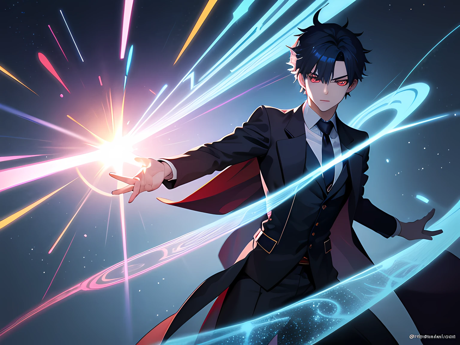 (ultra-detailed, perfect pixel, highres, best quality, beautiful eyes finely detailed), 19 years old boy, have power like demon god in manhwa, full of demonic aura, angry facial expression, red eye color (glowing red eyes), blue hair with aristocrat style outfit, elegant, detective, realistic fire, the background is full of magical particles and realistic blue fire. lens flare, glowing light, reflection light, motion blur, 8k, super detail, ccurate, best quality, Ray tracing.