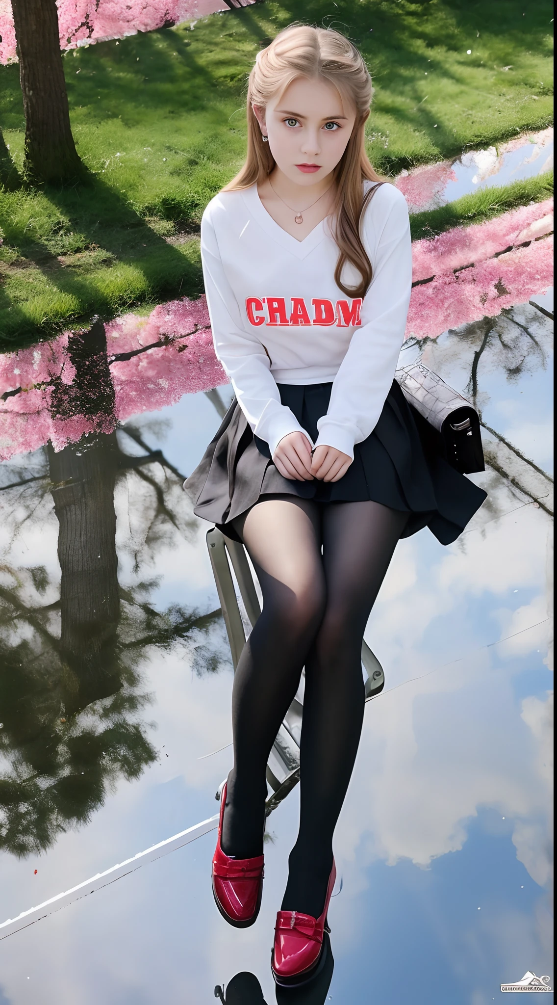 Pre-teen, 16 years old, European, blonde, small breasts, big eyes, long legs, close-up on thighs, tank top with deep neckline, sweatshirt, skirt tiny pleated, black tights, high heel shoes, Extremely high angle shot, from above the girl, (Reelmech: 1.5), vagina showing, park background, Trees, cherry blossom, mirrored floor with reflections, sitting on school chair , blood on t-shirt, ray tracing, HDR