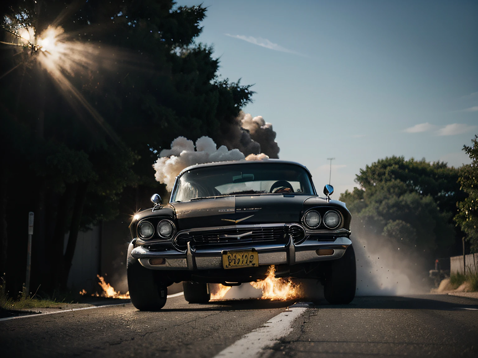 Retrato de um carro "1959 Chevrolet Bel Air" COR preto METALICO reflexivo, derrapando na pista, With a woman wearing sunglasses driving, GOLDEN WIDE STAR WHEEL is on fire, The front wheels are small and the rear wheels are very large, dianteira rebaixada na frente, dentro de uma garagem com paredes brancas, diagonal camera, Accelerating and blurring with the rear tire coming out smoke.
