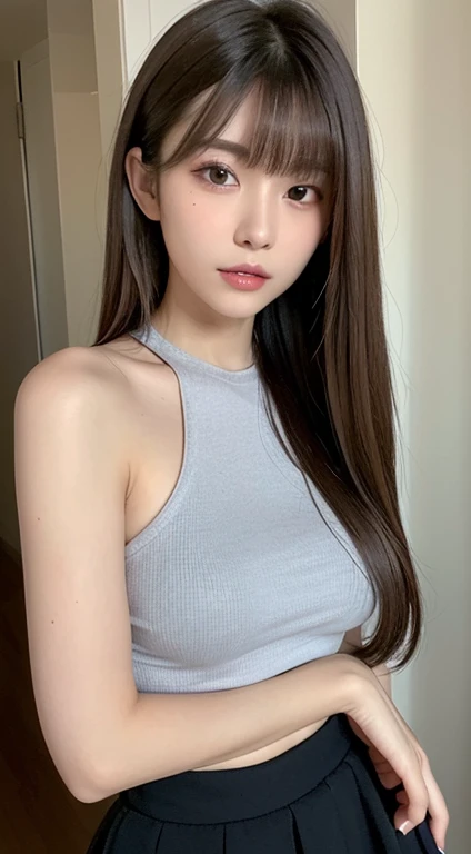 (Best Quality, 8K, masutepiece, Ultra HD: 1.3), 1girl in, mideum breasts, light brown hair, Blunt bangs, hair behind ear, hair over shoulder, Long hair, slender body shape, Ultra Fine Face, Delicate lips, Beautiful eyes, Double eyelids, lipsticks,Facial expressions inviting a man, Ultra-thin hands, Ultra-fine fingers, Tight knit, tight skirts , beauty legs ,