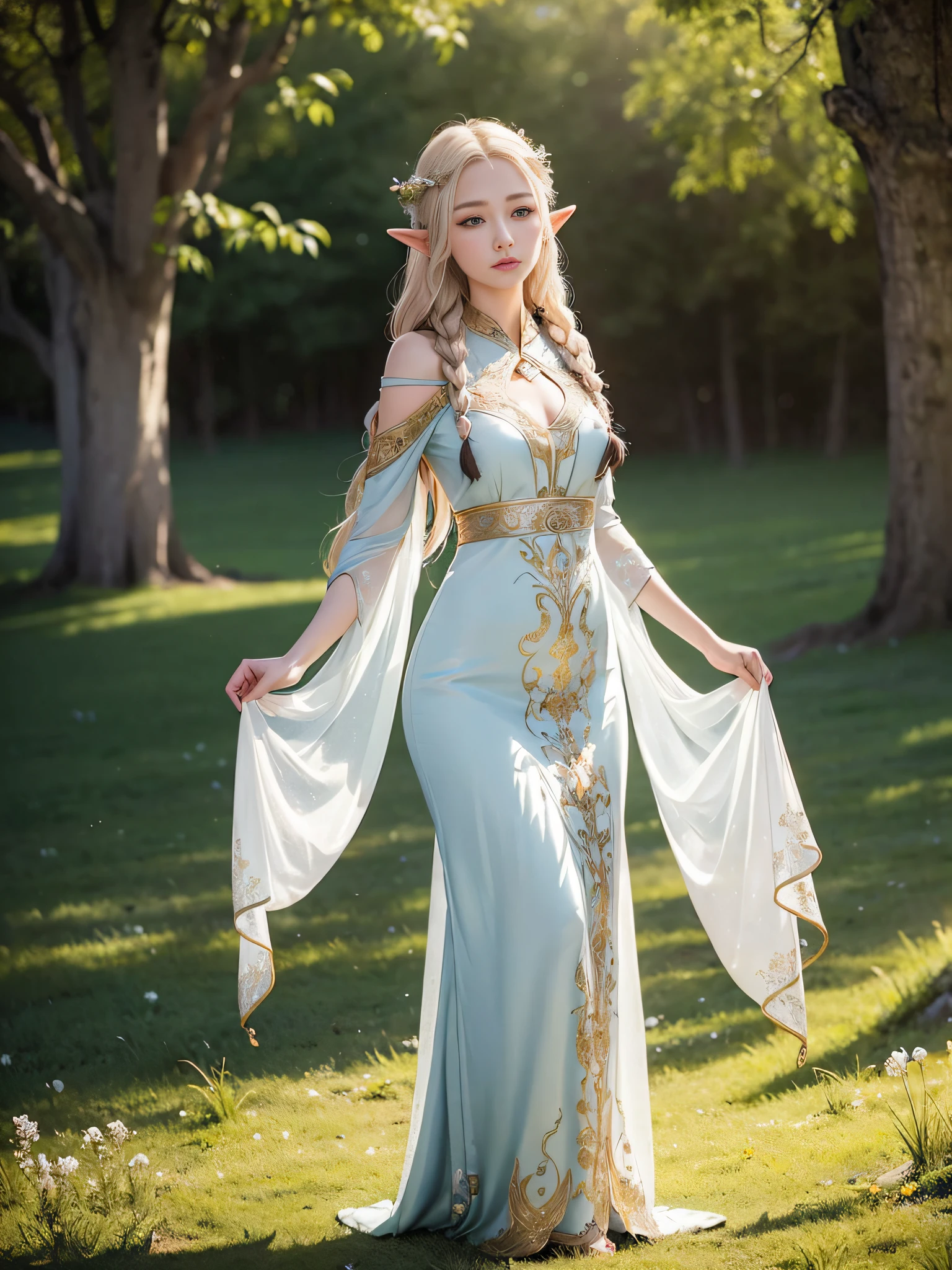 Depiction of only the upper body"A graceful portrait of Princess Zelda from The Legend of Zelda, focusing on her full upper body as she stands elegantly. Zelda is dressed in her royal attire, a flowing gown that is adorned with intricate golden patterns and symbols of the Triforce. Her long, blonde hair is styled in soft waves, with a delicate tiara resting atop her head, symbolizing her status as the princess of Hyrule. She stands with poise, her posture straight and regal, her hands gently resting in front of her. Her expression is calm and serene, yet her violet eyes convey a sense of wisdom and quiet strength. The soft glow of the surroundings enhances her ethereal presence, making her appear almost otherworldly, a true embodiment of grace and power."