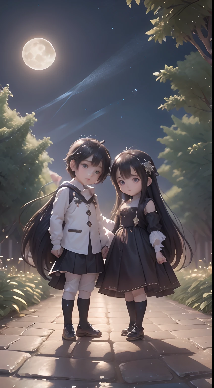 Characters: cute mini girl and cute mini boy, lovely couples, traditional dress, blue eyes, black hair, small characters, 8k, 3D animation. Background: beautiful garden, road, trees, night, moon, stars.