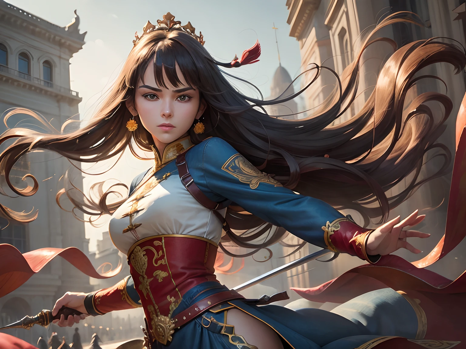 Best Quality, masutepiece, ultra-detailhigh-resolution, (Realistic: 1.4), Watercolor style, Illustration, Dazzling background color,, Skinny Girl with Weapons, (solo exhibition: 1.2), (denim lens: 1.2), (Hair crown: 1.2), (dark brown hair,Traditional Chinese Dunhuang costumes, No strap, (Red Eyeliner: 1.2), (: 1.4), (Accurate Hand Modeling),earrings, Dynamic Angle, Opera House, Messy_long_hair, inky, movie lights, lens_f lare, velvet, chrysanthemums, tassels, bow ribbon, Color embroidery,long boots,Photograph the whole body,Dance of the Sword,Holding a sword in his right hand,Camera work shot from a distance,