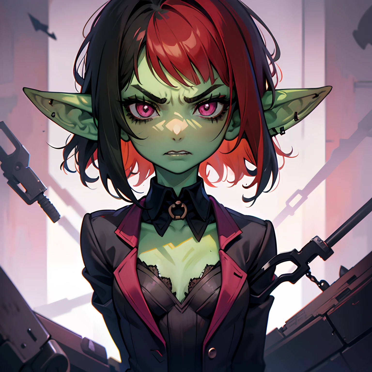 1 girl, portrait, goblin girl, green skin, red hair, short hair, bobcut, lip piercing, pink eyes, black shirt, black tie, black lipstick, black eye makeup, small chest, angry, black background, hands behind back, office lady, buiseness suit, close-up