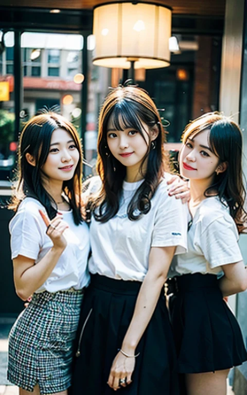 Take a group photo with four people, portrait of a japanese teen,(Best Quality,4K,8K,hight resolution,masutepiece:1.2),Ultra-detailed,(Realistic,Photorealistic,Photorealsitic:1.37),cute-style,dian,Dribbling High Detail 8K,Studio Lighting - V 6, Random skirt,Randomly cute clothes, Random Faces, Random curly hair