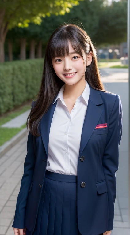 Enhanced dynamic perspective,Cute cute beautiful girl,JK school uniform,Look at me and smile,simple backgound,Works of masters,high quarity,4K resolution,super-fine,Detailed pubic hair,准确,Cinematic lighting,Leaves the original facial proportions、(large full breasts)、((buttonGap))