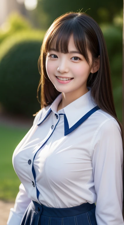 Enhanced dynamic perspective，Cute cute beautiful girl，JK school uniform，Look at me and smile，simple backgound，Works of masters，high quarity，4K resolution，super-fine，Detailed pubic hair，准确，Cinematic lighting，Leaves the original facial proportions、(large full breasts)、((buttonGap))