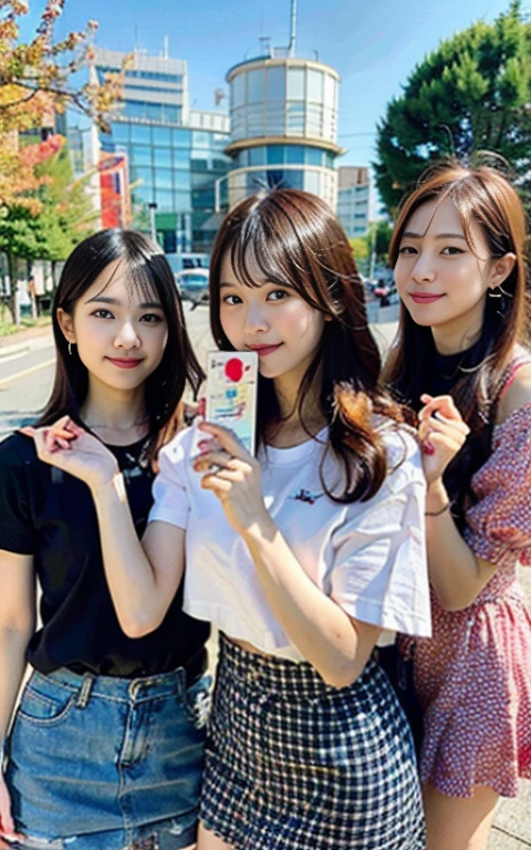 Take a group photo with four people, portrait of a japanese ,(Best Quality,4K,8K,hight resolution,masutepiece:1.2),Ultra-detailed,(Realistic,Photorealistic,Photorealsitic:1.37),cute-style,dian,Dribbling High Detail 8K,Studio Lighting - V 6, Random skirt,Randomly cute clothes, Random Faces, Random curly hair