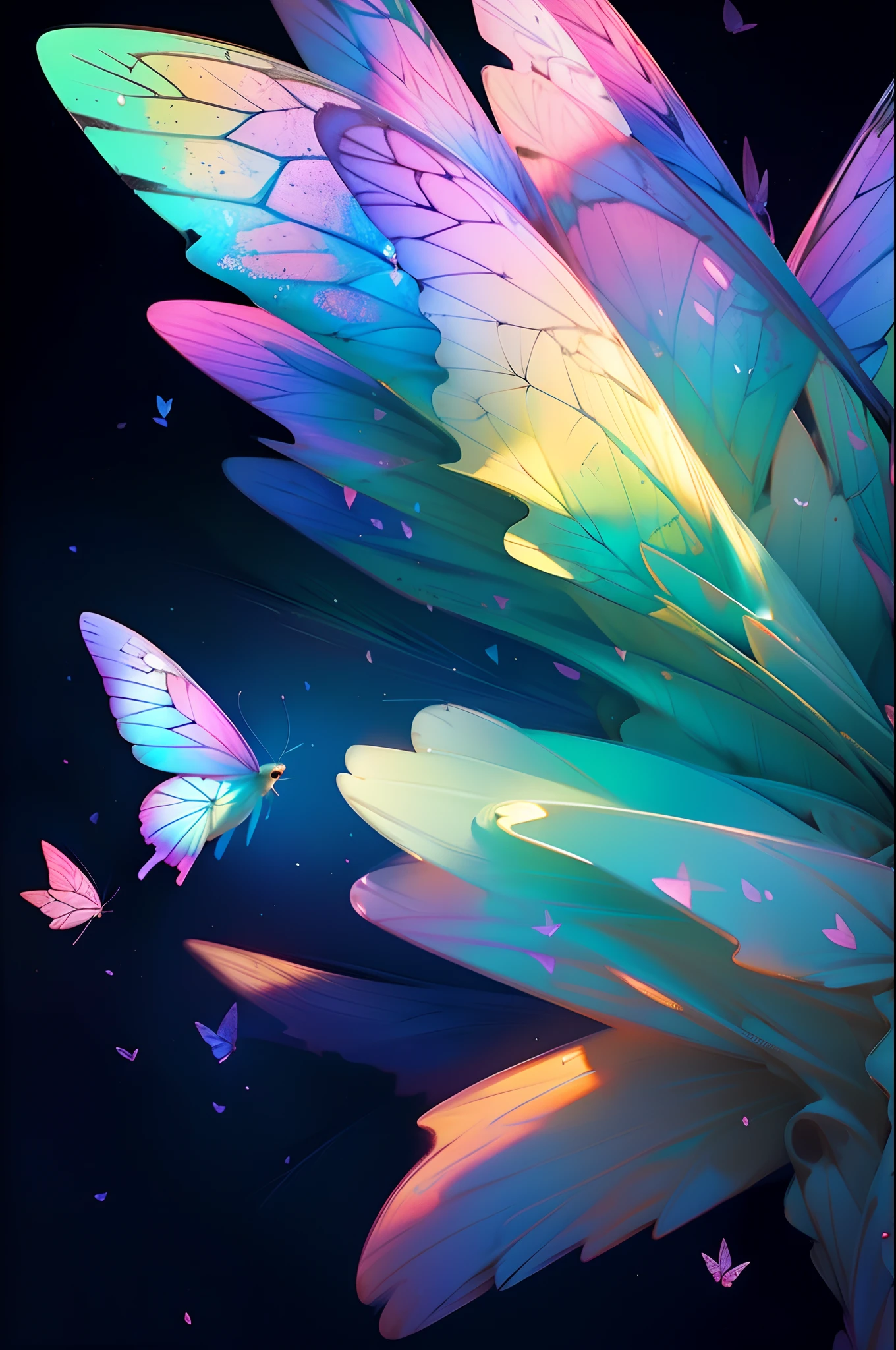 Crystalline butterflies flutter in the moonlight,((butterflys)), colorful,((Dreamy)),glowing,((𝓡𝓸𝓶𝓪𝓷𝓽𝓲𝓬)),((Masterpiece)),Highly detailed,