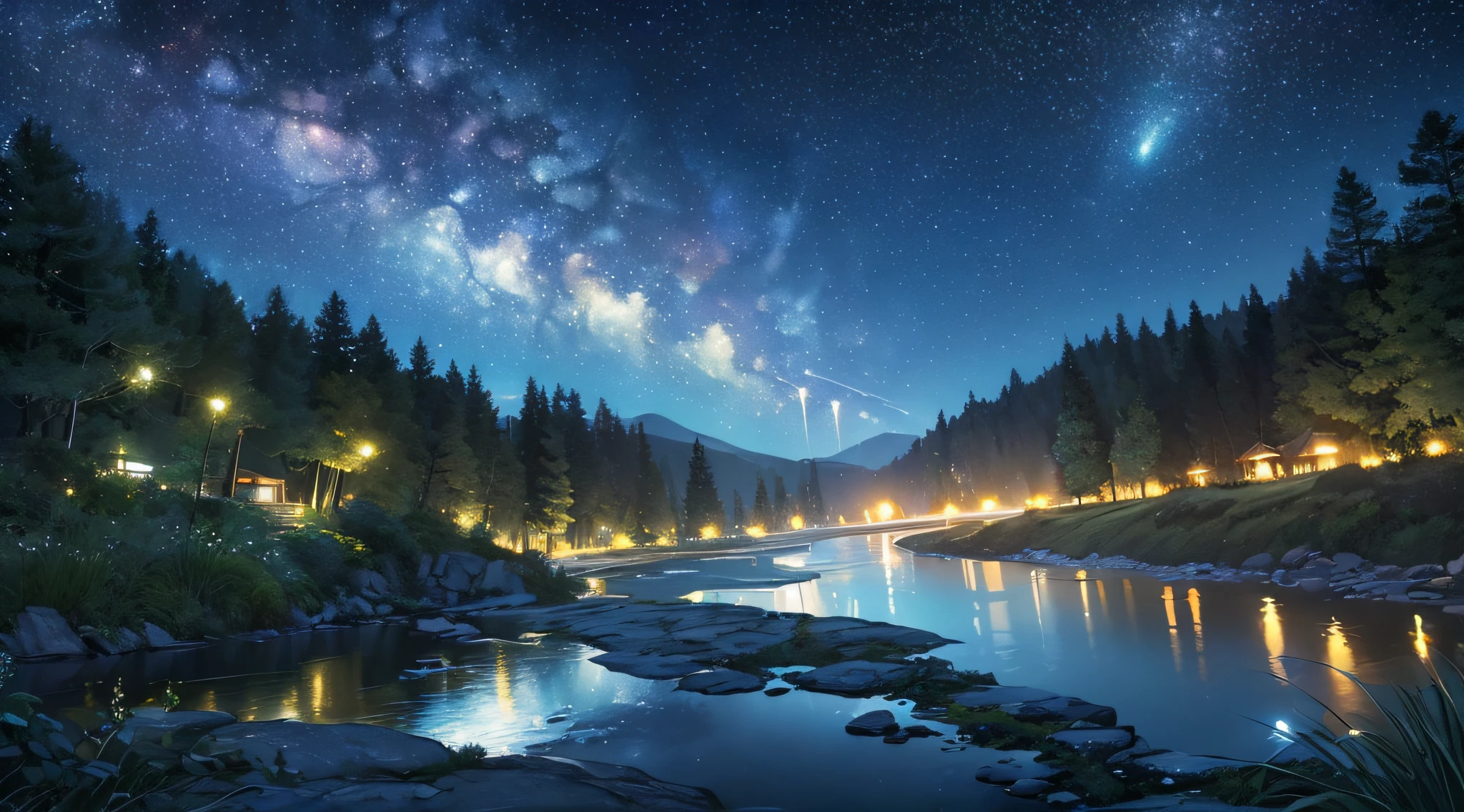 ​masterpiece、Background with((Fantastic starry sky、meteors、black hole))、Depth((Mysterious River、plants、Luminescent、))、Looking up