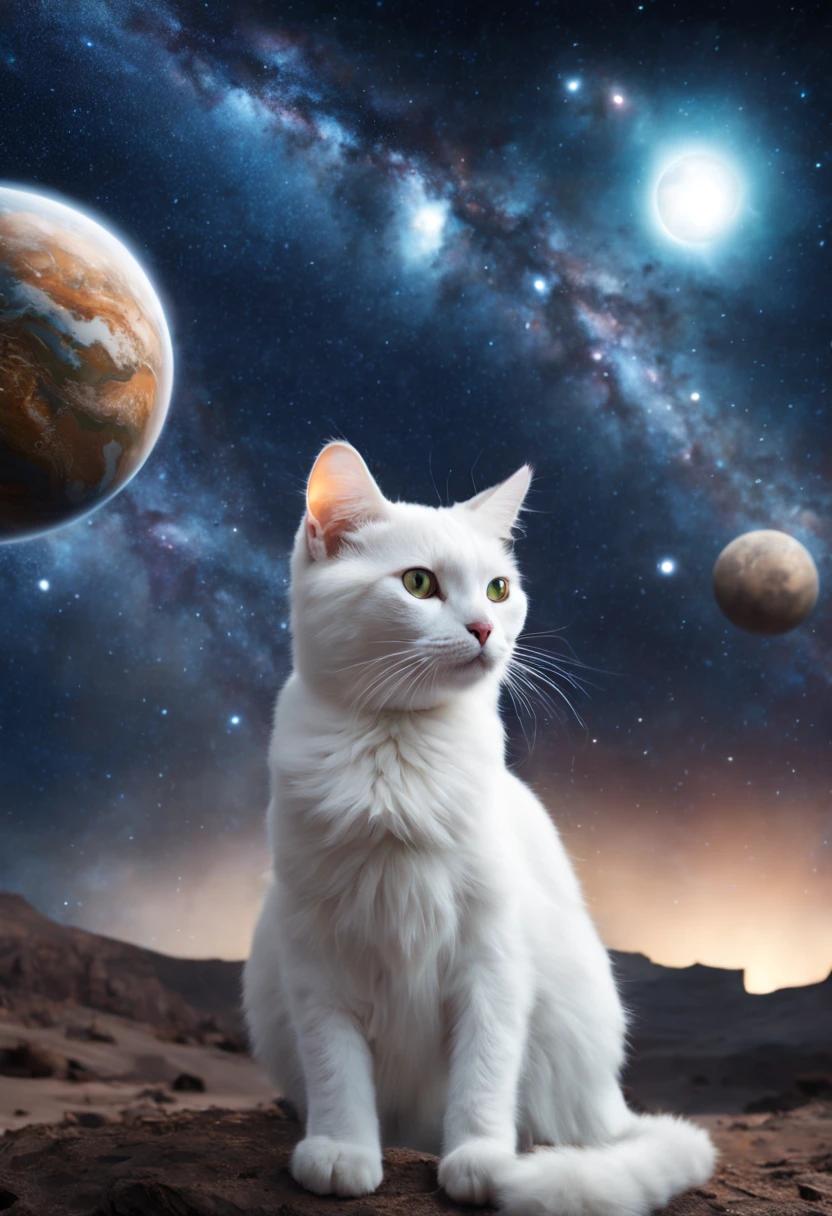 A white cat on the background of the Milky Way drinks milk, glowing, Alien Planet