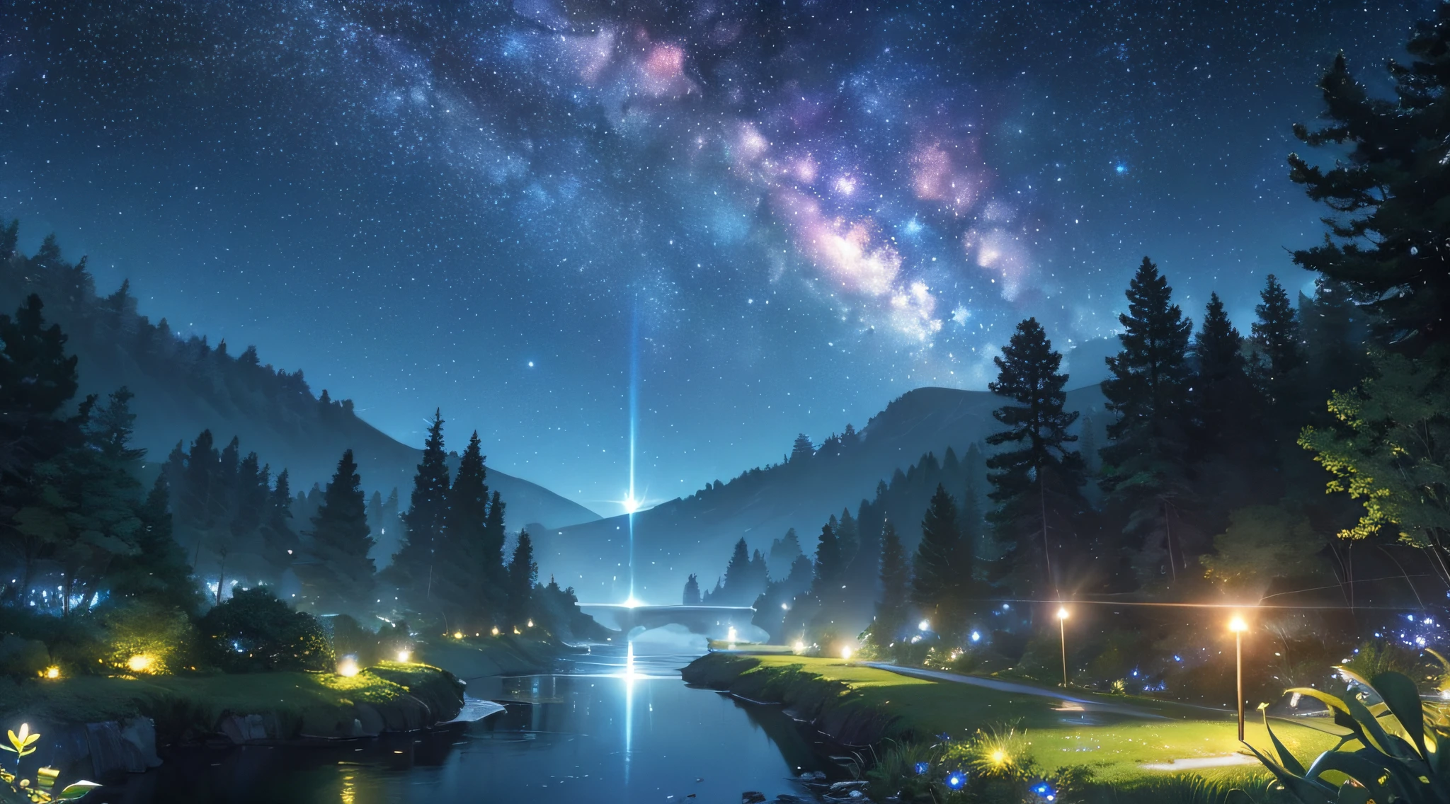 ​masterpiece、Background with((Fantastic starry sky、meteors、black hole))、Depth((Mysterious River、plants、Luminescent、))、Looking up