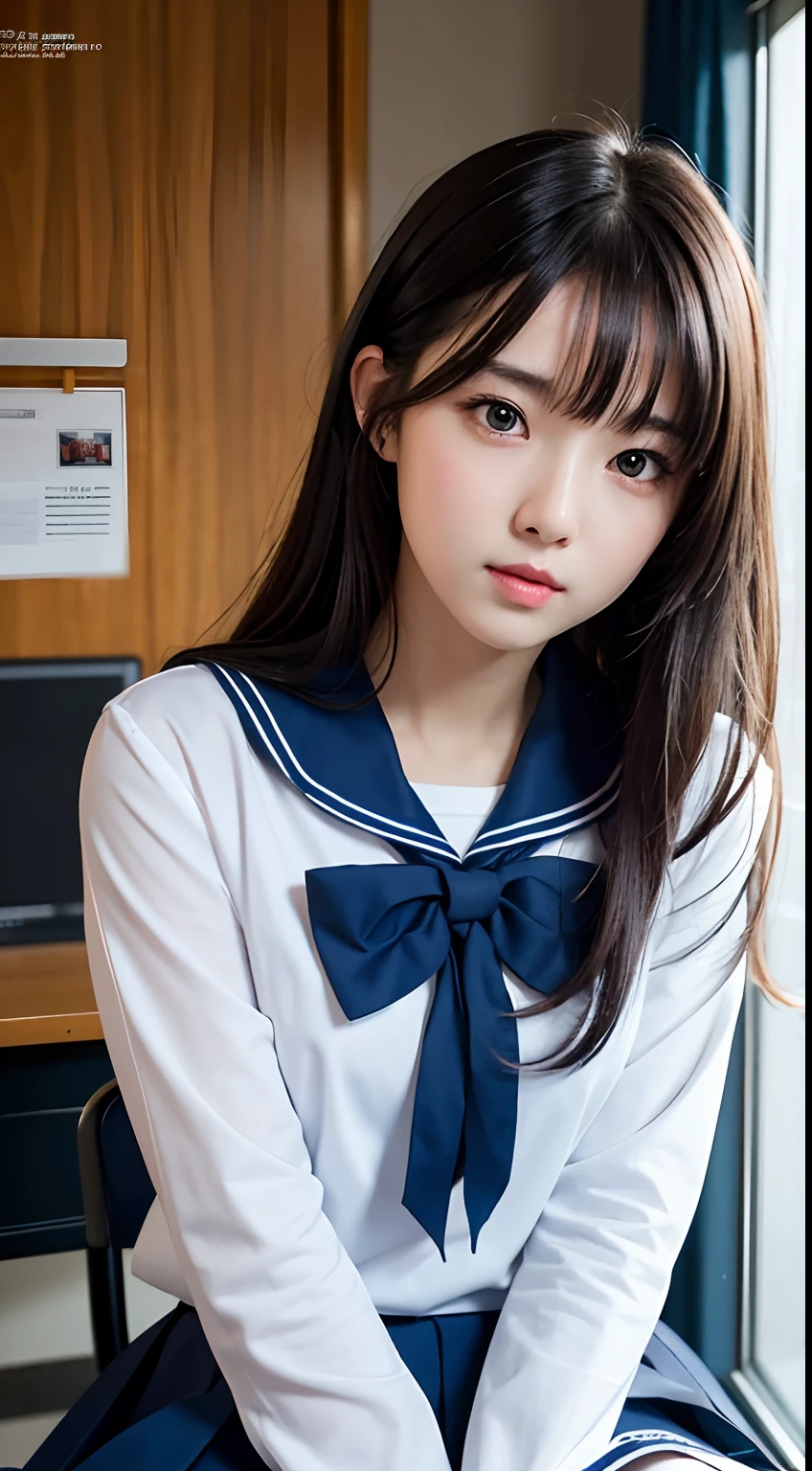 masterpiece, best quality, 8k, official art, raw photo, incredibly absurdres, beautiful girl, pretty face, (sitting, upper body, sailor uniform, serafuku,:1.2), school uniform, shirt, looking at viewer, close up, teen, classroom, bow tie, navy pleated skirt, ultra realistic, highres, photography, film grain, chromatic aberration, sharp focus, facelight, dynamic lighting, cinematic lighting, highest detailed, extreme detailed, ultra detailed, finely detail,  extremely detailed eyes and face