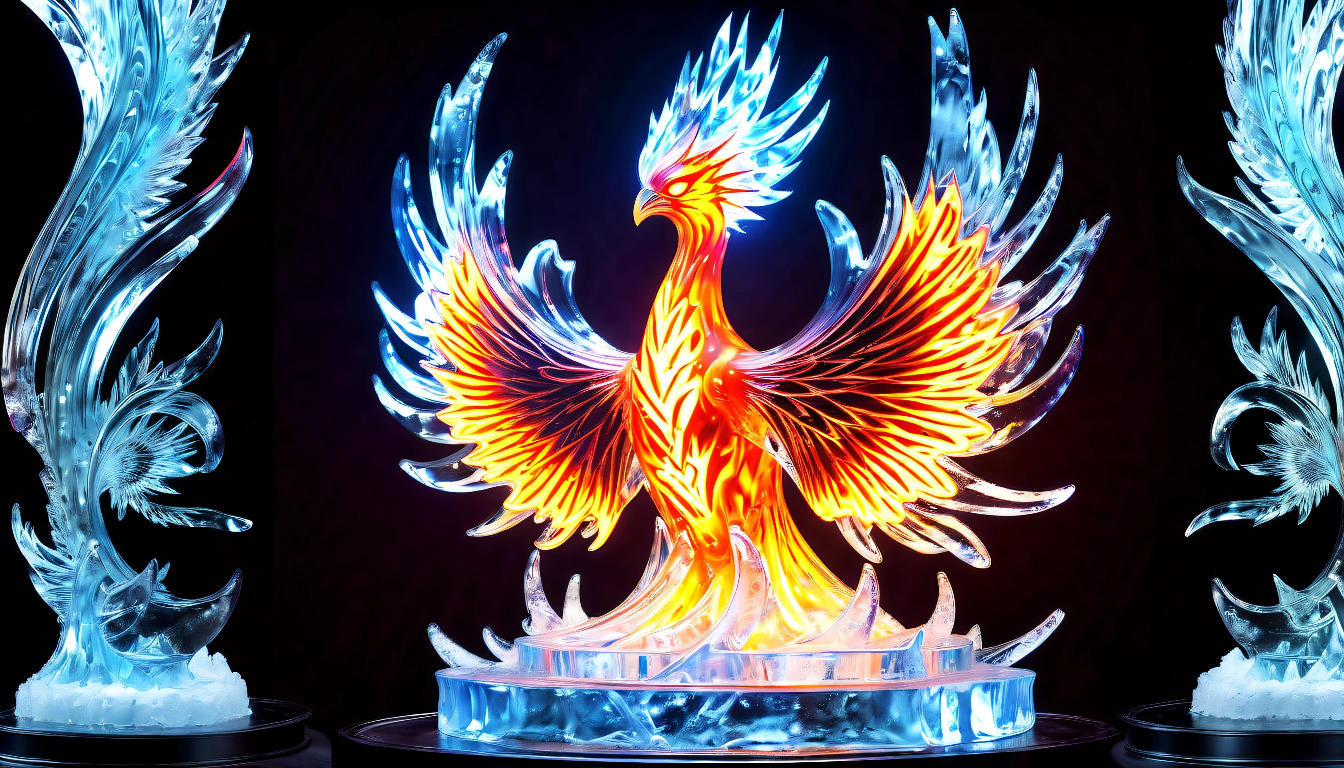 (((dark chaos phoenix of ice sculpture art:1.4))), neon dim glow of behind, on a flame sculpture stand made of ice, (((radiosity rendered in stunning 32k resolution:1.3))), highest quality, highly quality, (((radiosity rendered in stunning 32k resolution:1.3))), highest quality, highly quality,