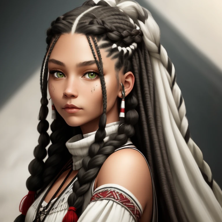 Half Scandinavian half native American woman, green eyes, long black and white dreadlocks and braids, war