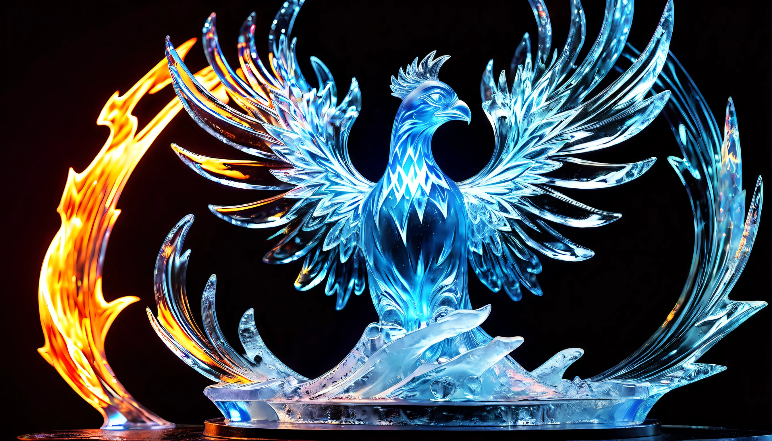 (((dark chaos phoenix of ice sculpture art:1.4))), neon dim glow of behind, on a flame sculpture stand made of ice, (((radiosity rendered in stunning 32k resolution:1.3))), highest quality, highly quality, (((radiosity rendered in stunning 32k resolution:1.3))), highest quality, highly quality,