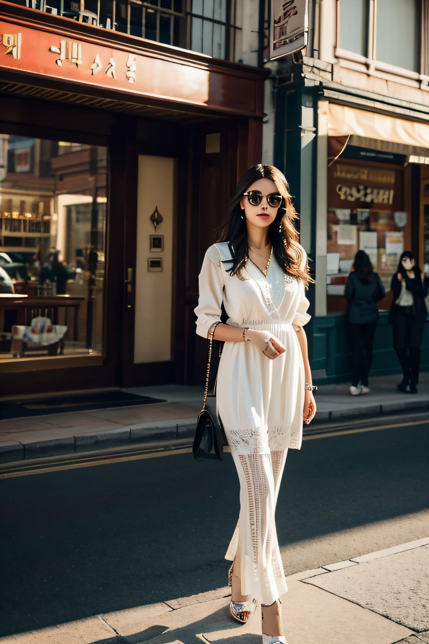 Una hermosa chica de ciudad con maquillaje detallado, Ropa elegante, y un sentido de la moda de clase alta, Cabello largo y lacio, Trae un bolso elegante, Y usa gafas de sol de moda, Walk confidently through the busy streets of Seoul [Urbano, moderno, Vibrante]. Su impecable piel de porcelana brillaba bajo el sol, Resalta su tez impecable. The vibrant colors of the cityscape create a vivid backdrop, The market is full of people, Neon lights, y rascacielos [dynamic, energetic]. The girl is surrounded by a group of fashionable girls, Diferentes estilos, Cada uno refleja su personalidad [elegante, diffe]. The overall scene oozes charm and sophistication.

The artworks are rendered using a combination of digital painting and photography techniques [Mixtas, contemporary]. Demuestra un alto nivel de detalle, Girls have intricate patterns on their clothes, Resalta su estilo vanguardista. Well-designed lighting，Create Smooth and Dramatic Effects, Improve the overall atmosphere of the image [Soft lighting, dramatic atmosphere]. La paleta de colores se compone de tonos Vibrantees y saturados, Dale a la obra de arte un aspecto audaz y cautivador [Vibrante, De color]. The composition of the artwork is carefully balanced, Draw the audience's attention to the fashion girl in the middle，while capturing the energy of the surrounding city [balanced composition].

(La mejor calidad, 4k, high resolusion), Ultra detallado, Ilustraciones realistas, Con un enfoque claro y colores Vibrantees, El resumen perfecto de la esencia de la moda Urbanoa [Obra maestra:1.2, Ultra detallado, realista:1.37]. Image quality is top-notch, It shows every intricate detail of the girls' makeup, Su elegante traje, y Vibrantees paisajes Urbanoos. The overall feel of the artwork is exquisite，visualmente impresionante.