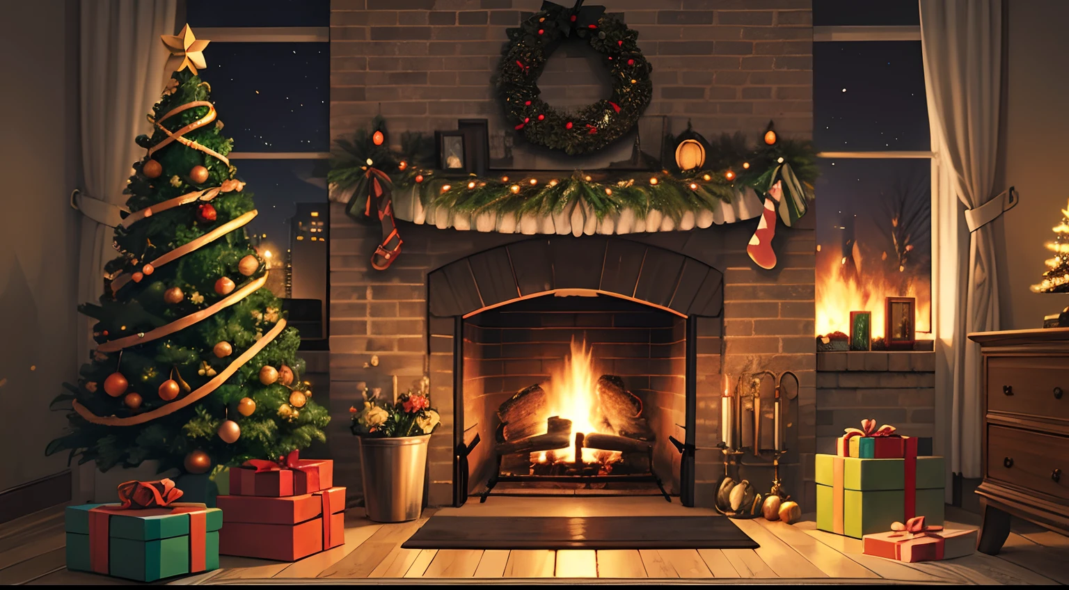 Christmas tree,gifts,fireplace,the night,Retro tones