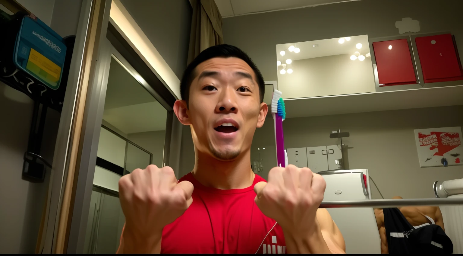There is a man holding a toothbrush in his hand, muscular!!, crazy expression, muscular!, kentaro, simmetry!!, distorted pose, slightly happy facial expression, creepy!!, with an intricate!!, excited expressions, shrugging arms, t - pose, t pose, Takeyuki Kanda, scary pose, fujita goro!, iphone capture