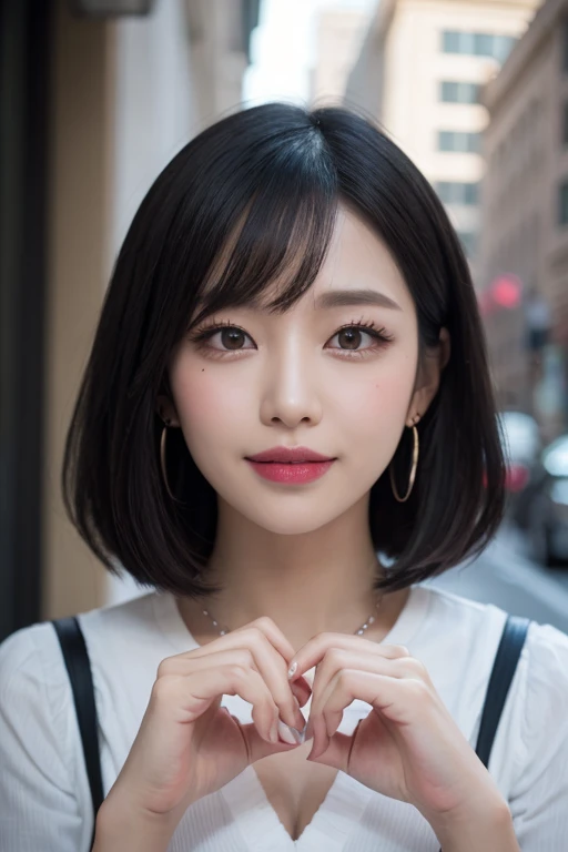 Black hair, hair bobbles, longeyelashes, Solid Circle Eyes, lightsmile, Mole under the eyes, Heart Earrings, lightsmile, Shy, puckered lips, surrealism, drop shadow, stereograms, POV, Atmospheric perspective, depth of fields, One-person viewpoint, F/1.8, 8K, Super Detail, ccurate, Best Quality, hight resolution, Best Quality,Full body