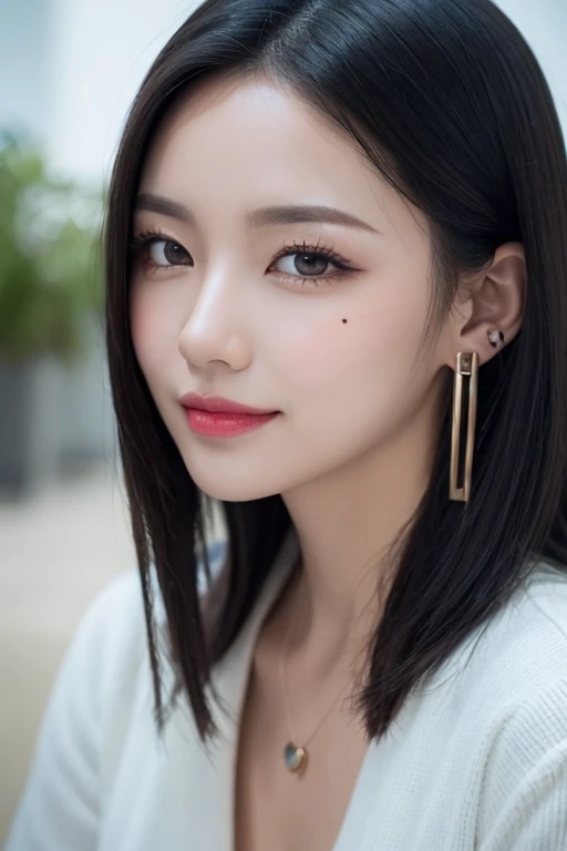 Black hair, hair bobbles, longeyelashes, Solid Circle Eyes, lightsmile, Mole under the eyes, Heart Earrings, lightsmile, Shy, puckered lips, surrealism, drop shadow, stereograms, POV, Atmospheric perspective, depth of fields, One-person viewpoint, F/1.8, 8K, Super Detail, ccurate, Best Quality, hight resolution, Best Quality,Full body