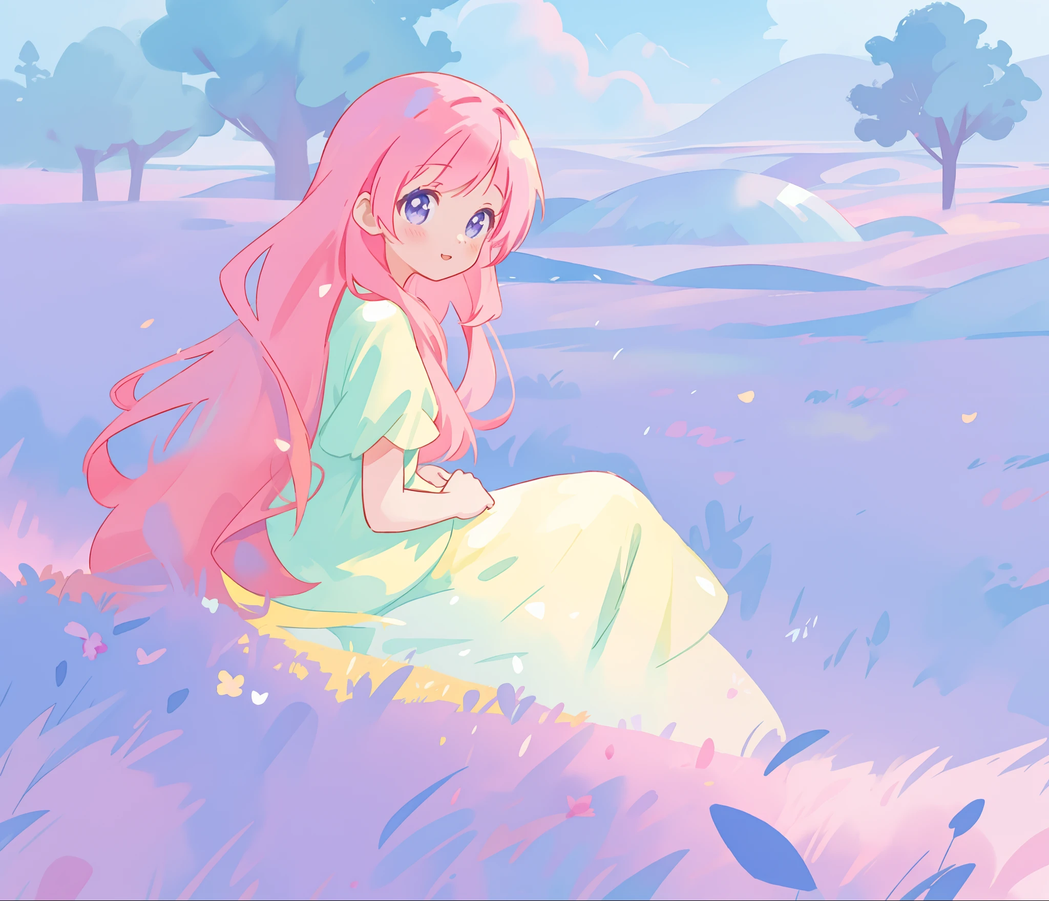 beautiful girl in flowing gradient dress sitting in a field, (beautiful girl), (beautiful face), beautiful anime girl, long flowing pink hair, colorful fantasy landscape, vibrant colors, (((otherworldly landscape))), whimsical landscape, purples pinks blues, watercolor illustration, disney art style, glowing lights, beautiful digital illustration, fantasia otherworldly landscape plants flowers, beautiful, masterpiece, best quality, anime disney style