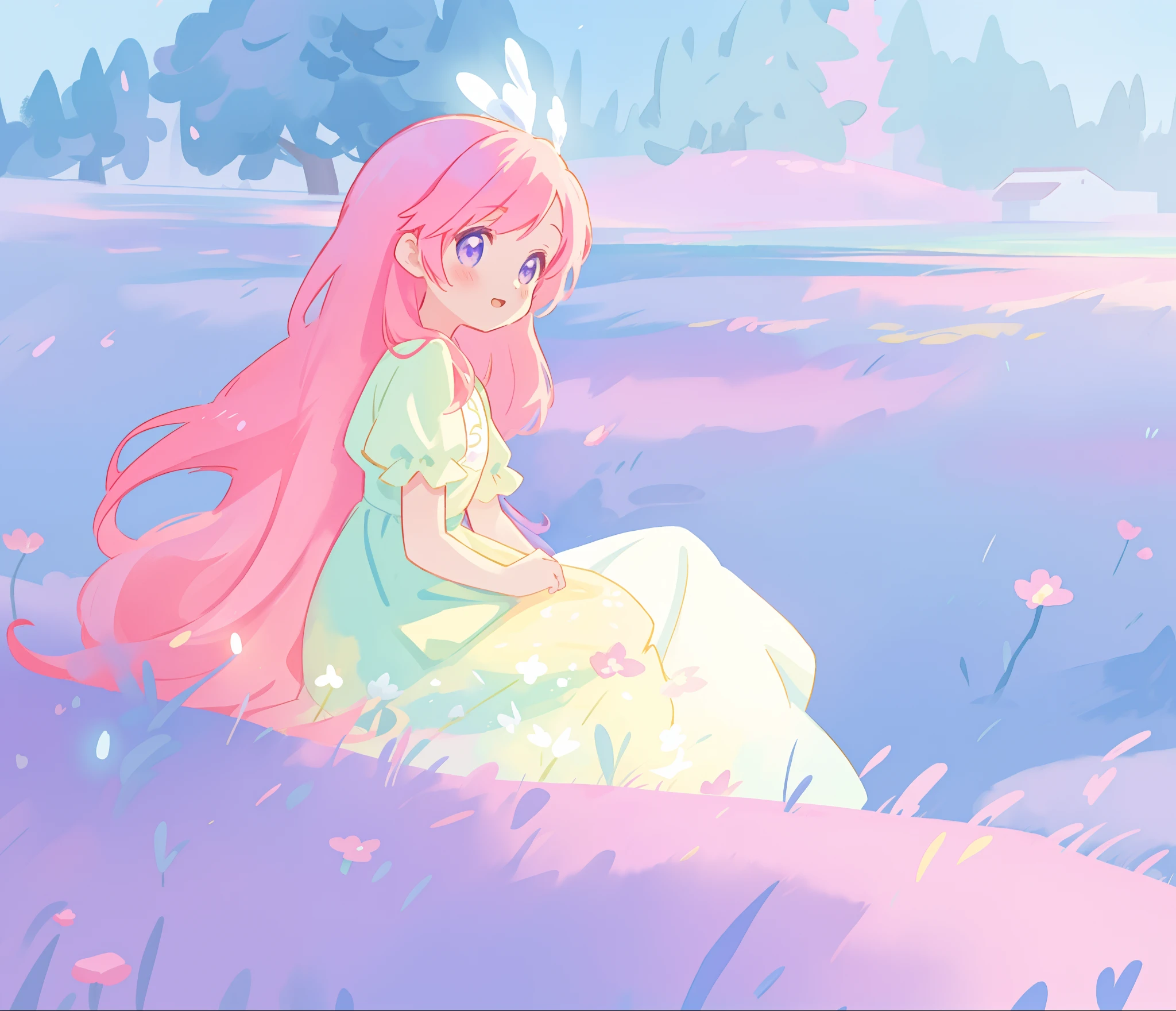 beautiful girl in flowing gradient dress sitting in a field, (beautiful girl), (beautiful face), beautiful anime girl, long flowing pink hair, colorful fantasy landscape, vibrant colors, (((otherworldly landscape))), whimsical landscape, purples pinks blues, watercolor illustration, disney art style, glowing lights, beautiful digital illustration, fantasia otherworldly landscape plants flowers, beautiful, masterpiece, best quality, anime disney style