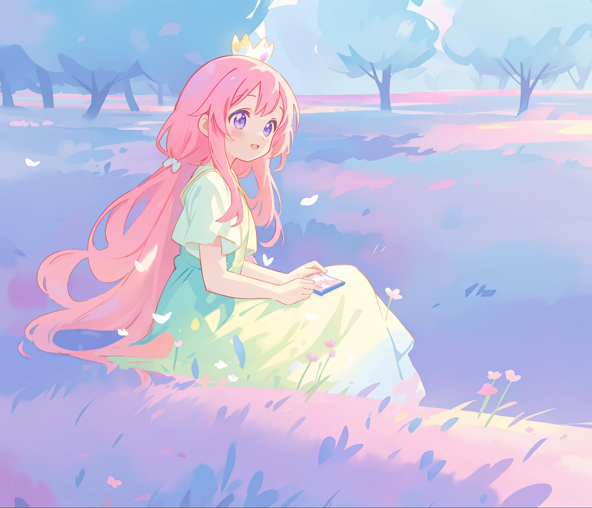 beautiful girl in flowing gradient dress sitting in a field, (beautiful girl), (beautiful face), beautiful anime girl, long flowing pink hair, colorful fantasy landscape, vibrant colors, (((otherworldly landscape))), whimsical landscape, purples pinks blues, watercolor illustration, disney art style, glowing lights, beautiful digital illustration, fantasia otherworldly landscape plants flowers, beautiful, masterpiece, best quality, anime disney style