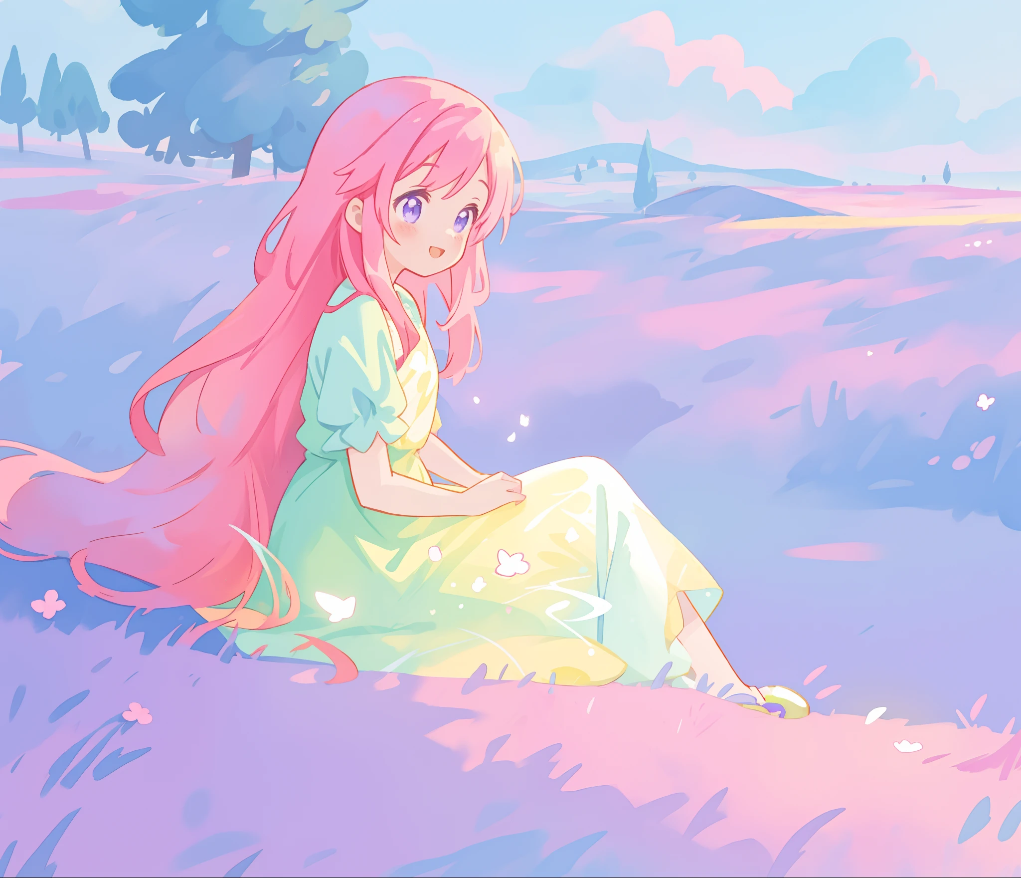 beautiful girl in flowing gradient dress sitting in a field, (beautiful girl), (beautiful face), beautiful anime girl, long flowing pink hair, colorful fantasy landscape, vibrant colors, (((otherworldly landscape))), whimsical landscape, purples pinks blues, watercolor illustration, disney art style, glowing lights, beautiful digital illustration, fantasia otherworldly landscape plants flowers, beautiful, masterpiece, best quality, anime disney style