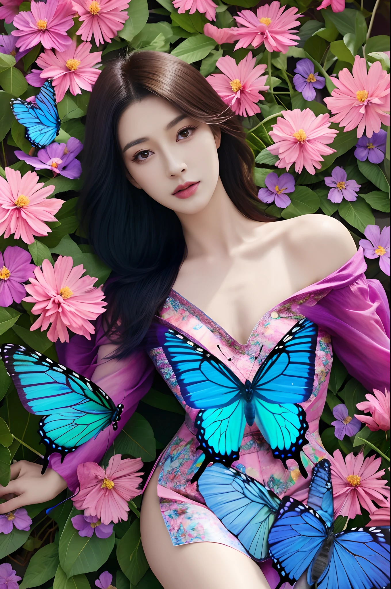 brightly colored butterfly with blue and pink wings surrounded by flowers, beautiful digital artwork, beautiful digital art, beautiful gorgeous digital art, colorfull digital fantasy art, harmony of butterfly, 4k highly detailed digital art, very beautiful digital art, beautiful digital painting, beautiful digital illustration, butterfly, 8k high quality detailed art, gorgeous digital art, beautiful art uhd 4 k, no jardim,flying,shoulder length straight blackbob hair,small head,small breasts,small face,slim,thin